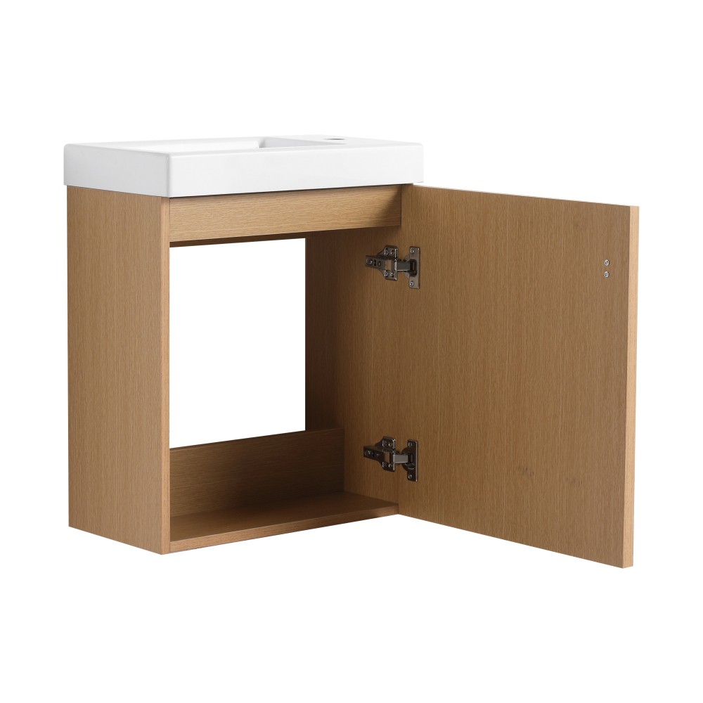 18.5-inch wall-mounted bathroom vanity overhangs to save space