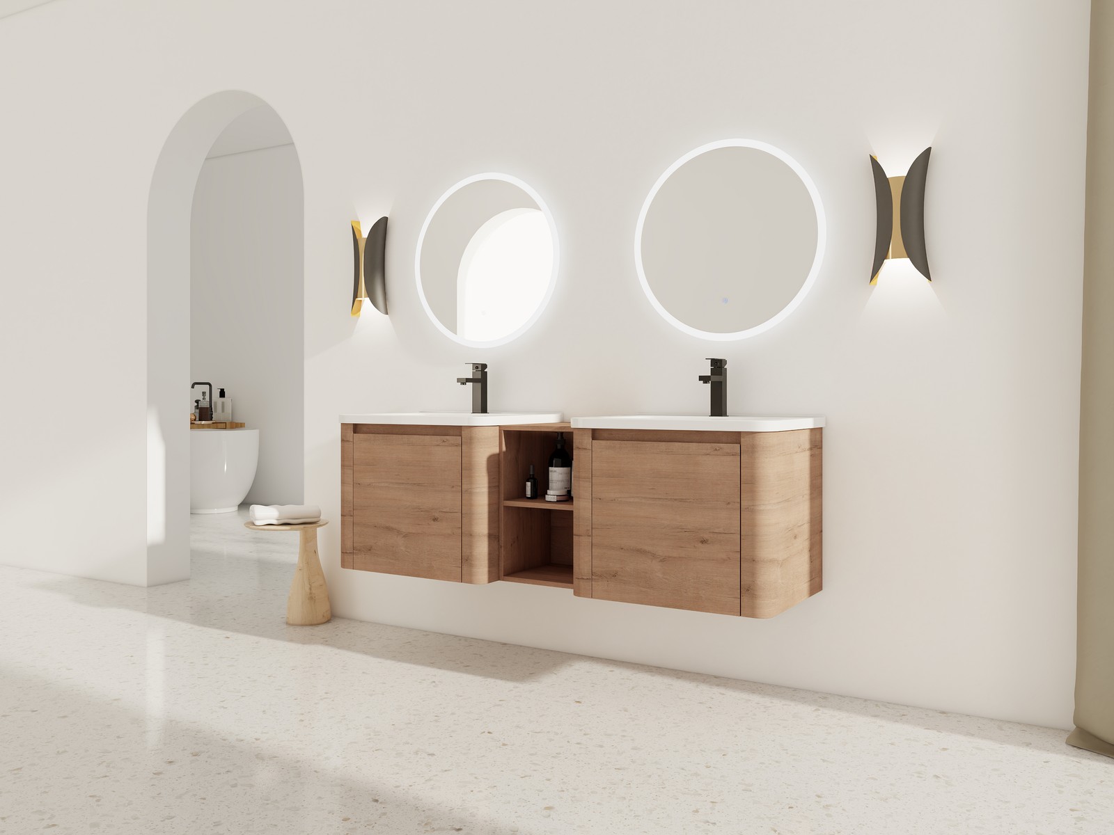 60in Wall-Mounted Bathroom Vanity W/ Double White Ceramic Sink Storage Shelves