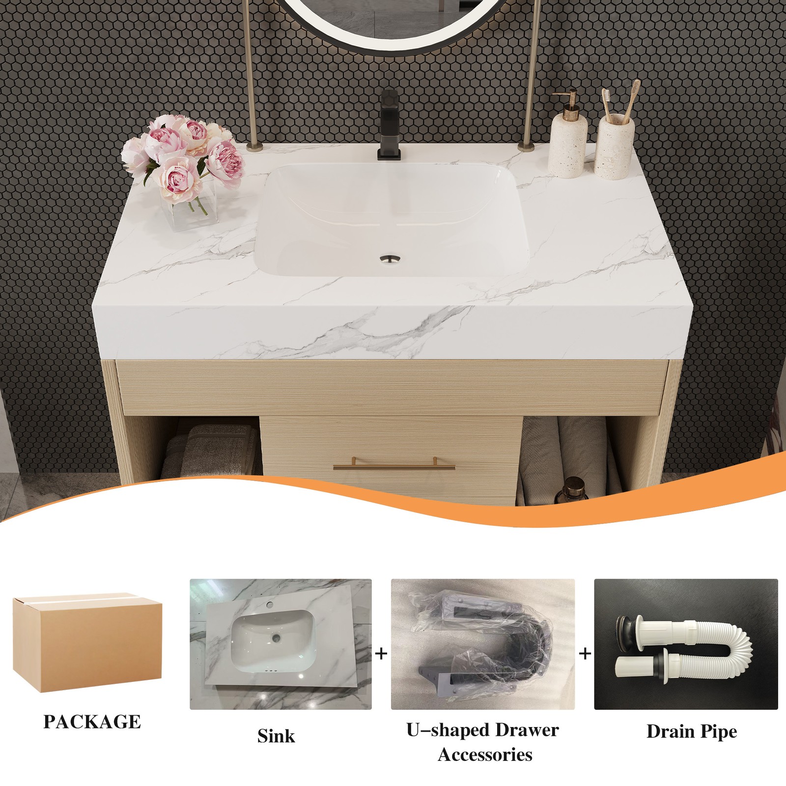 29.9″ Floating Bathroom Vanity with Sintered Stone Top & Ceramic Sink