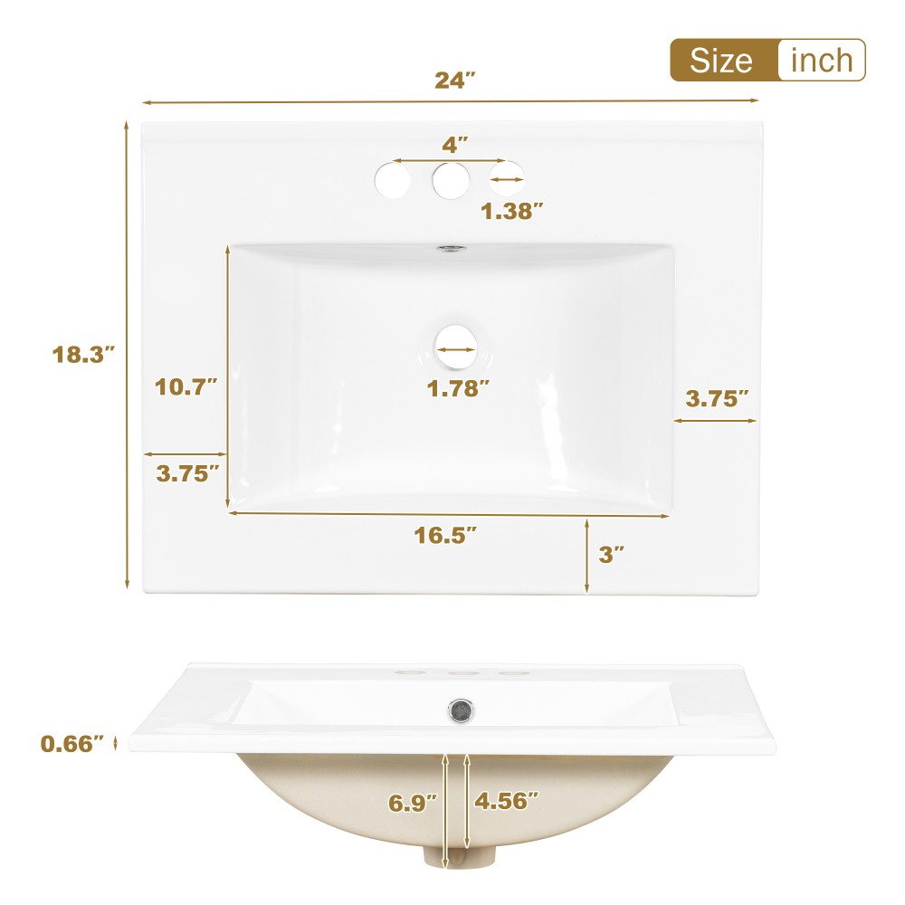 24.8″ Solid Wood MDF Bath Vanity Ceramic Sink Soft Close Door 3 Drawers Storage