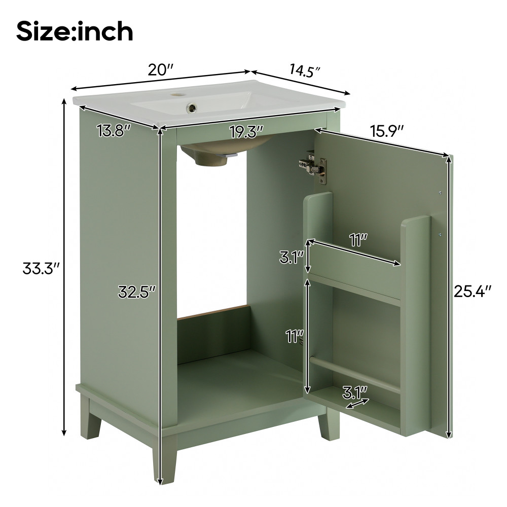 20 Inch Modern Small Bathroom Vanity Cabinet With Ceramic Basin- 20*14.5*33.3 In