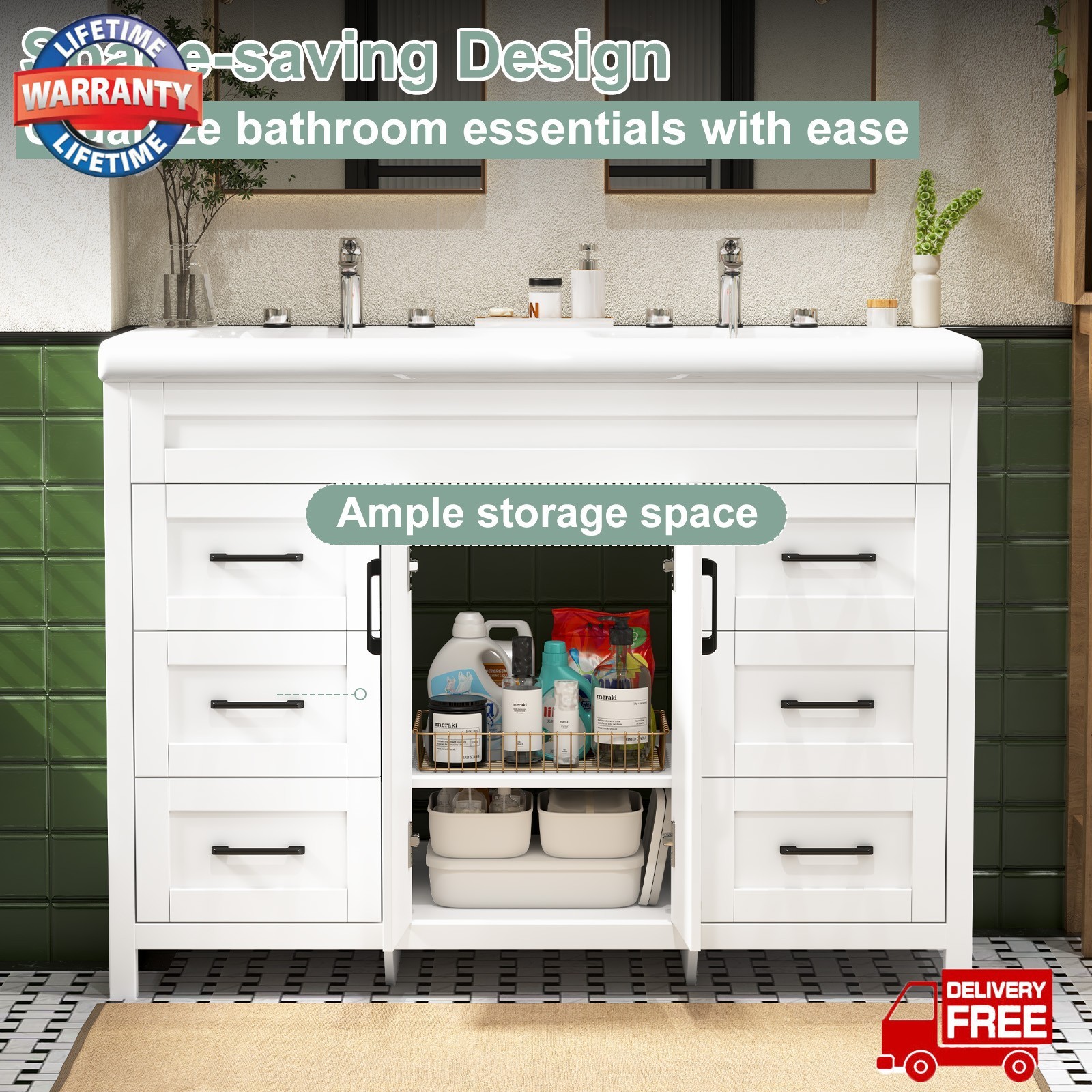47.3″ Bathroom Vanity Double Sink Ceramic Freestanding Cabinet Storage+4 Drawers