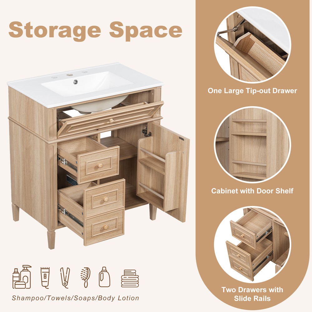 30″ Bathroom Vanity w/Ceramic Sink, Freestanding Bath Vanity Cabinet, 3 Drawers