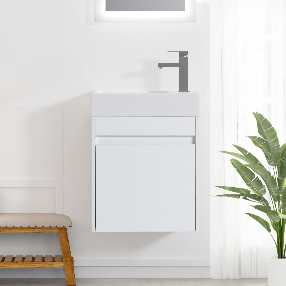 Modern Floating Vanity with Soft-Close Door & White Sink, Eco Plywood (18.11″)
