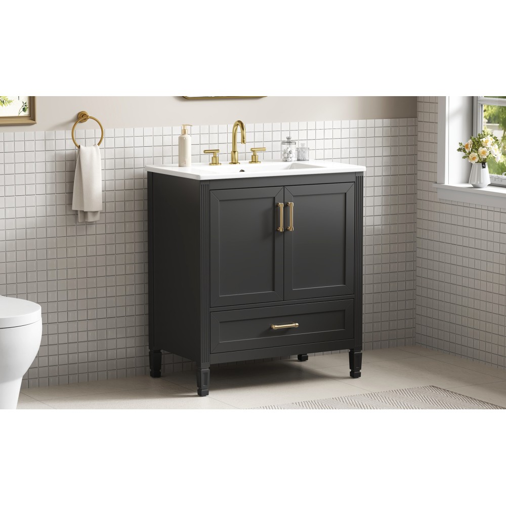 30 Inch Fluted Black Bathroom Vanity with Ceramic Sink Soft-Close Doors Drawer