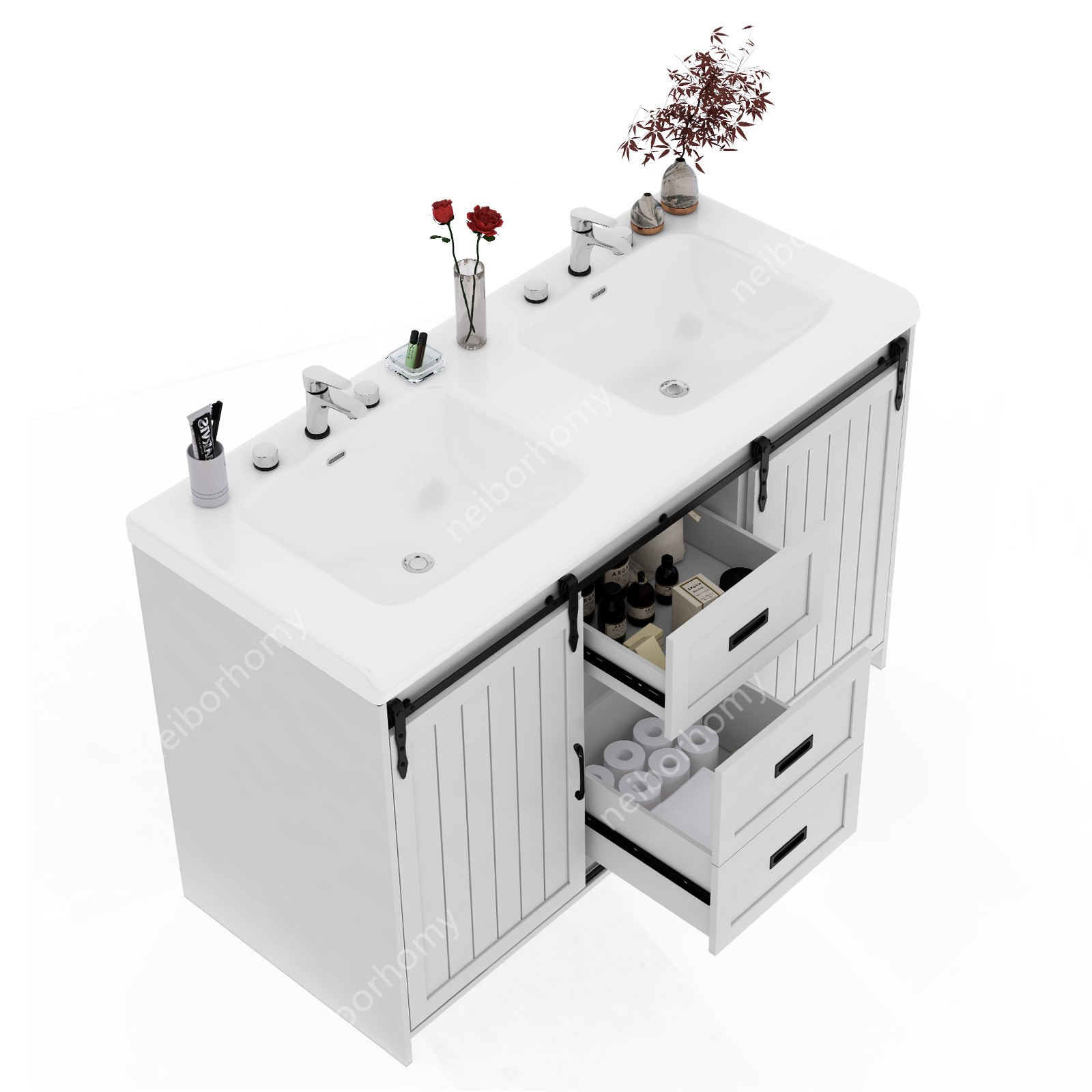 47″ Bathroom Double Sink Vanity Cabinet Ceramic Vessel Double Sink Cabinet White
