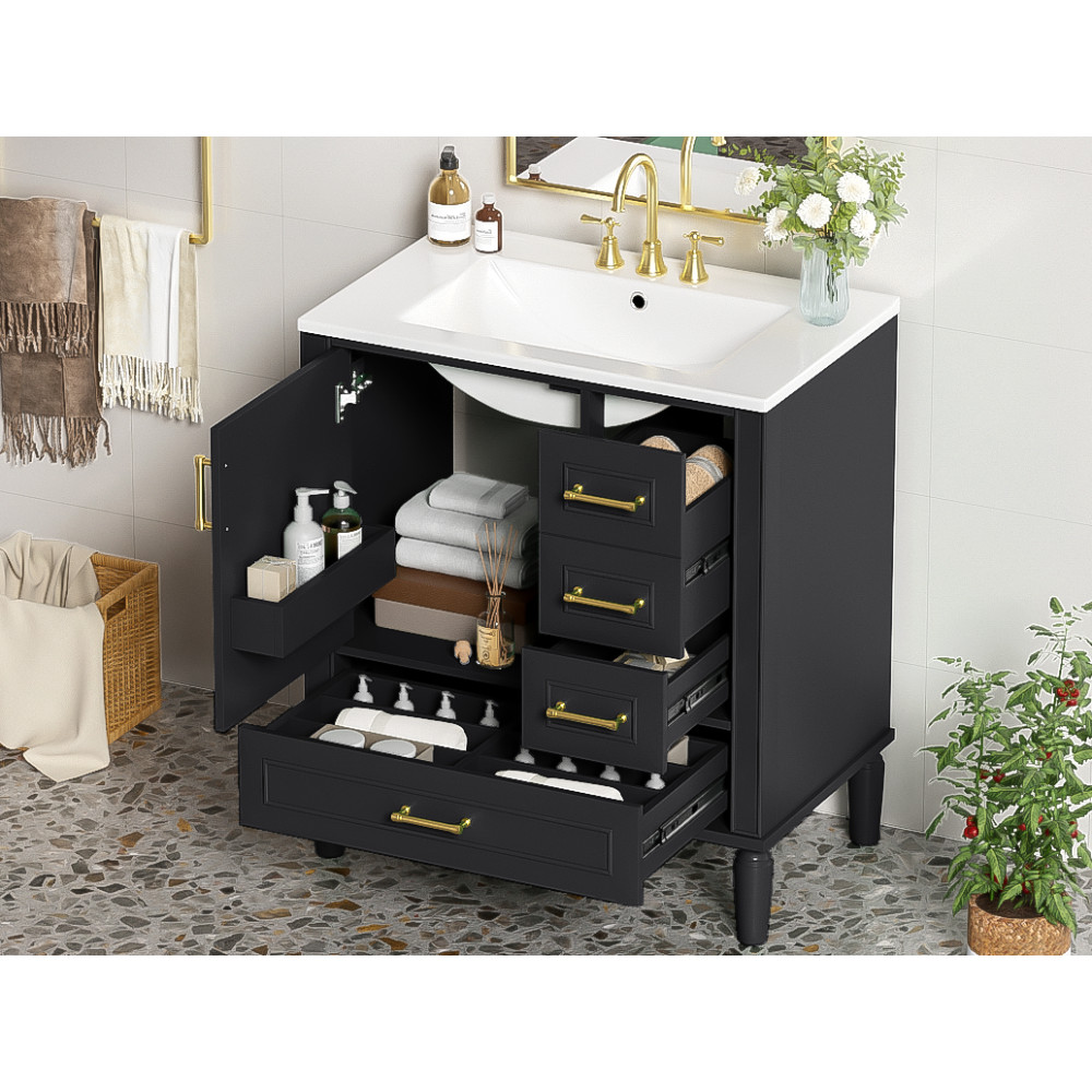 Traditional 30″ Black Bathroom Vanity Set, Floor Standing, with Three Drawers