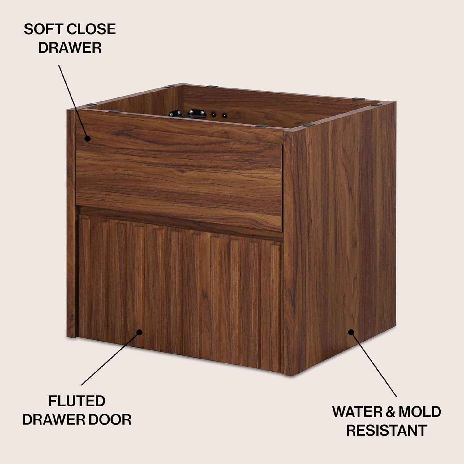 Walnut 24″ Modern Coastal 2-Drawer Wall-Mounted Bathroom Vanity Cabinet