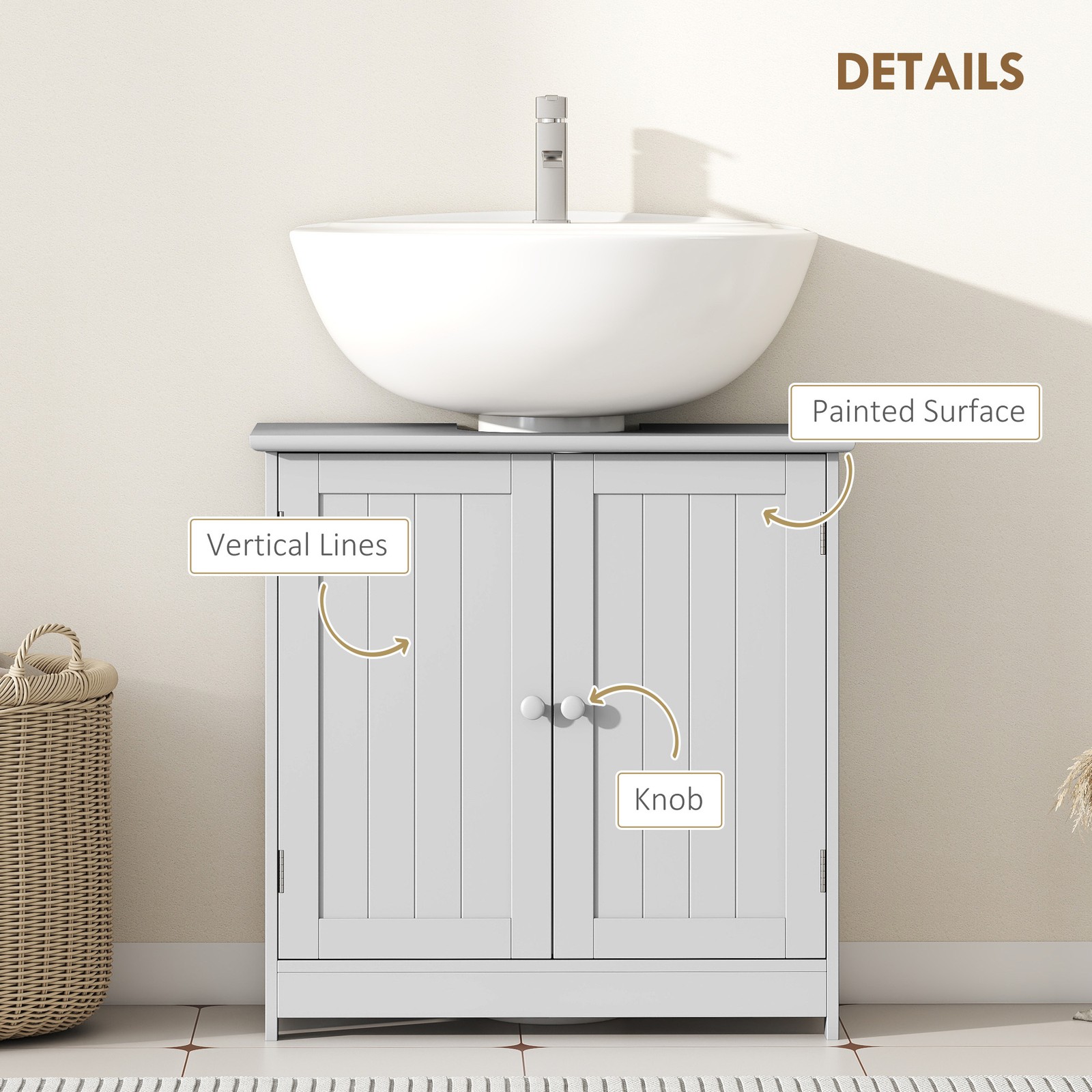 Under Sink Bathroom Cabinet with 2 Doors and Shelf, Light Gray