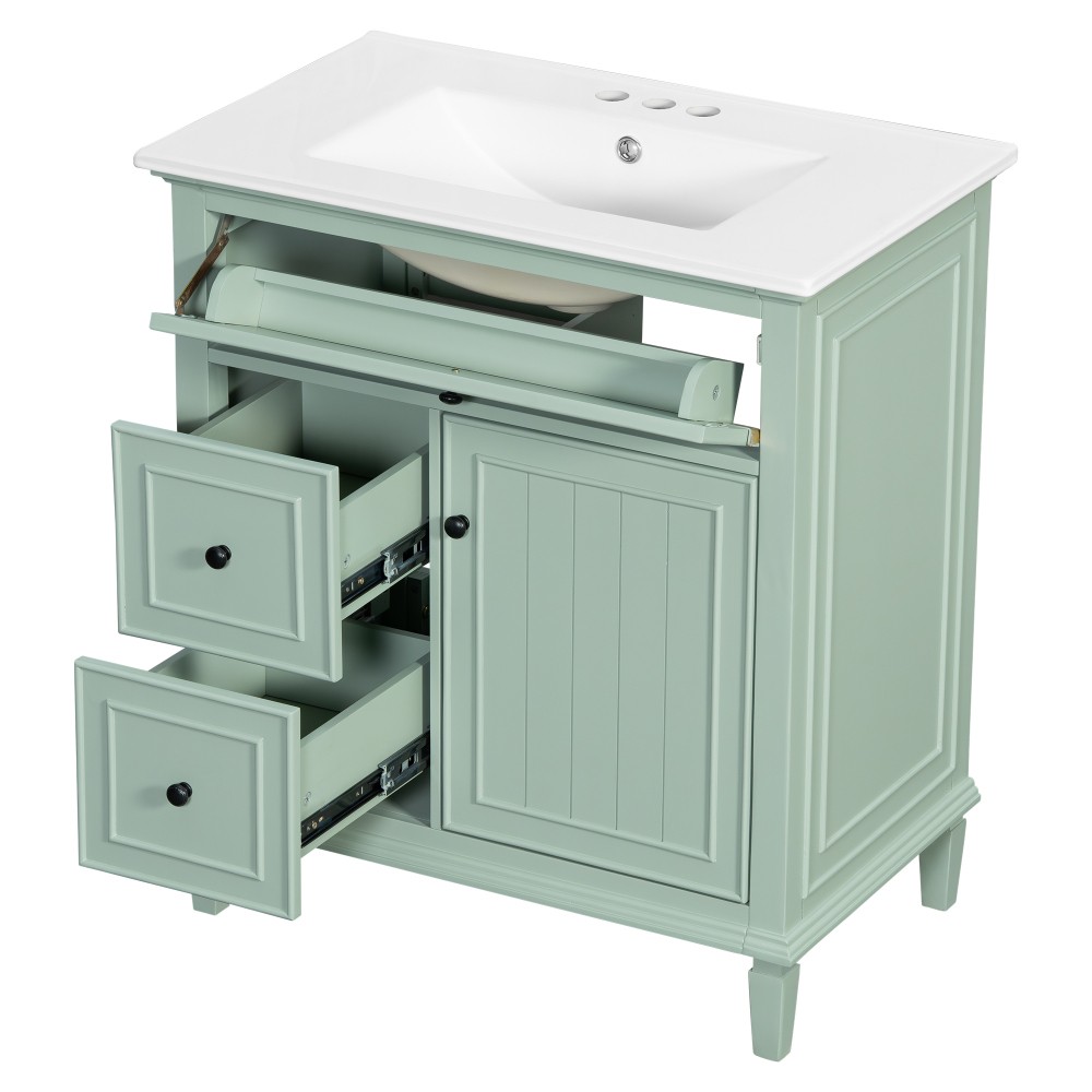 30″ Green Bathroom Vanity with Ceramic Sink Solid Wood MDF Cabinet