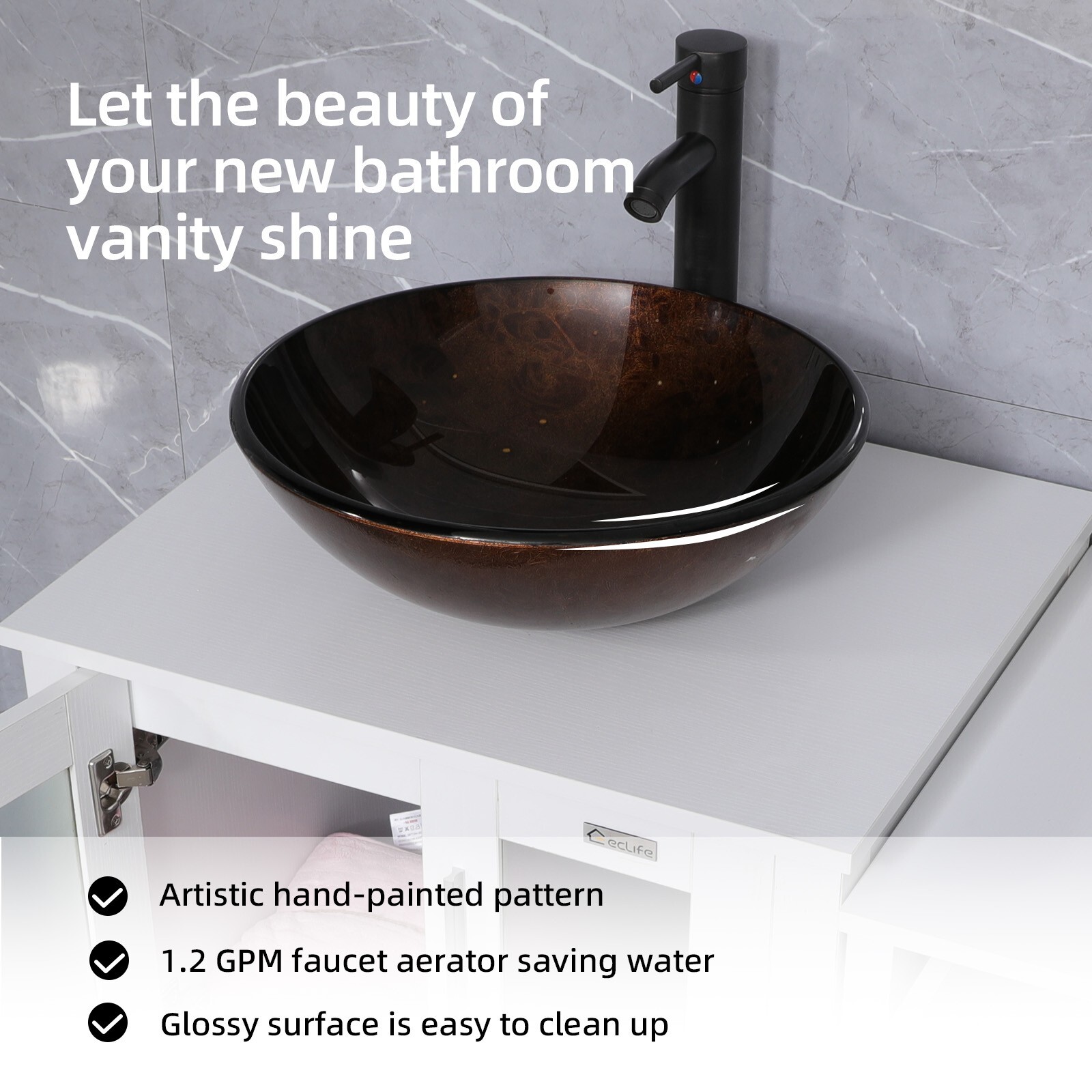 36″ White Bathroom Vanity Set Vessel Glass Sink Cabinet Small Combo No Mirror