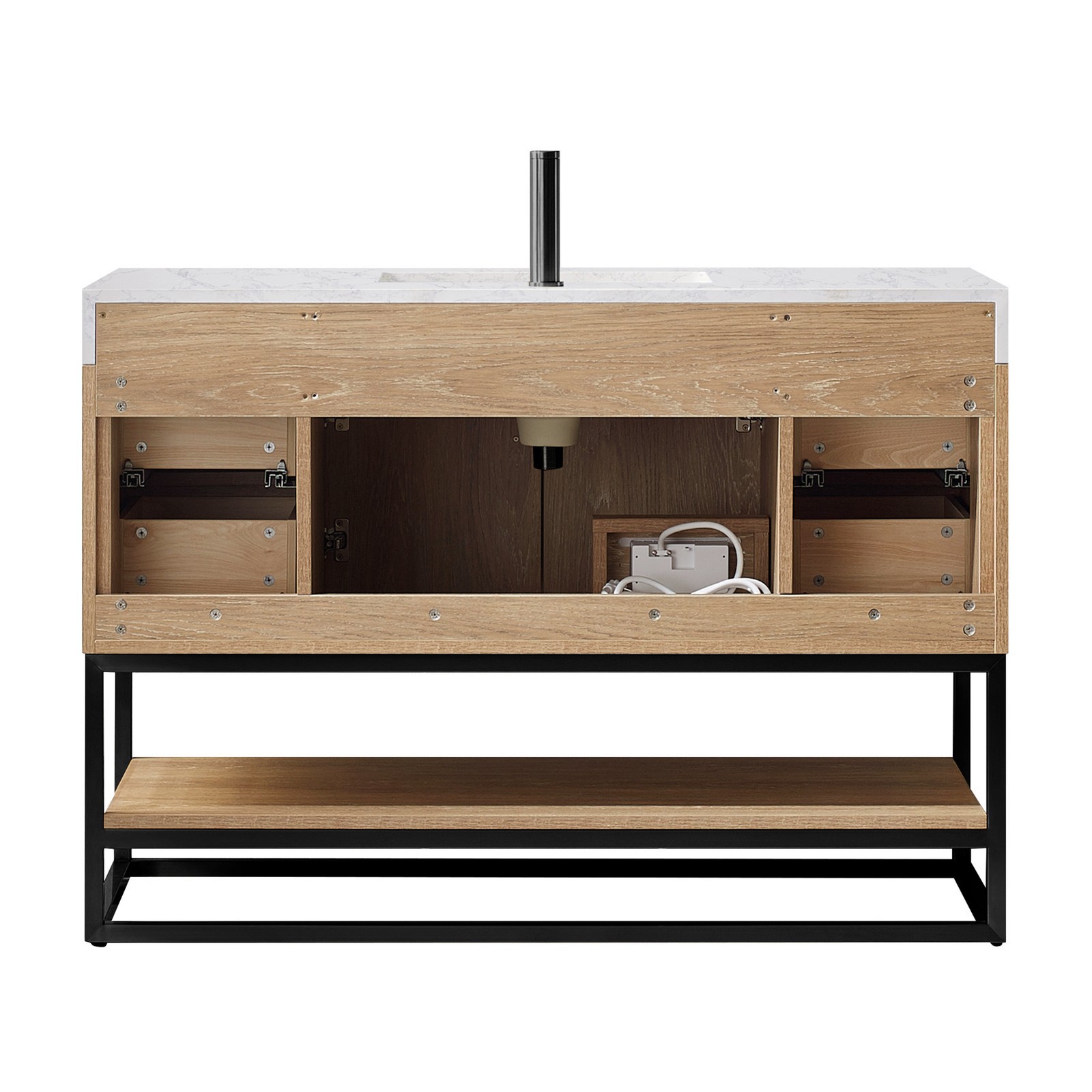 Vinnova Alistair 48″ White Stone Top Oak Single Vanity Black Frame w/o Mirror