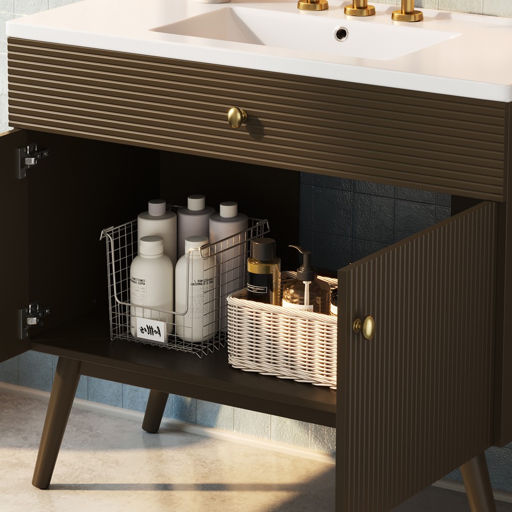36″ Striped Bathroom Vanity,Soft-Close Dual-Door Storage &Premium Ceramic Sink
