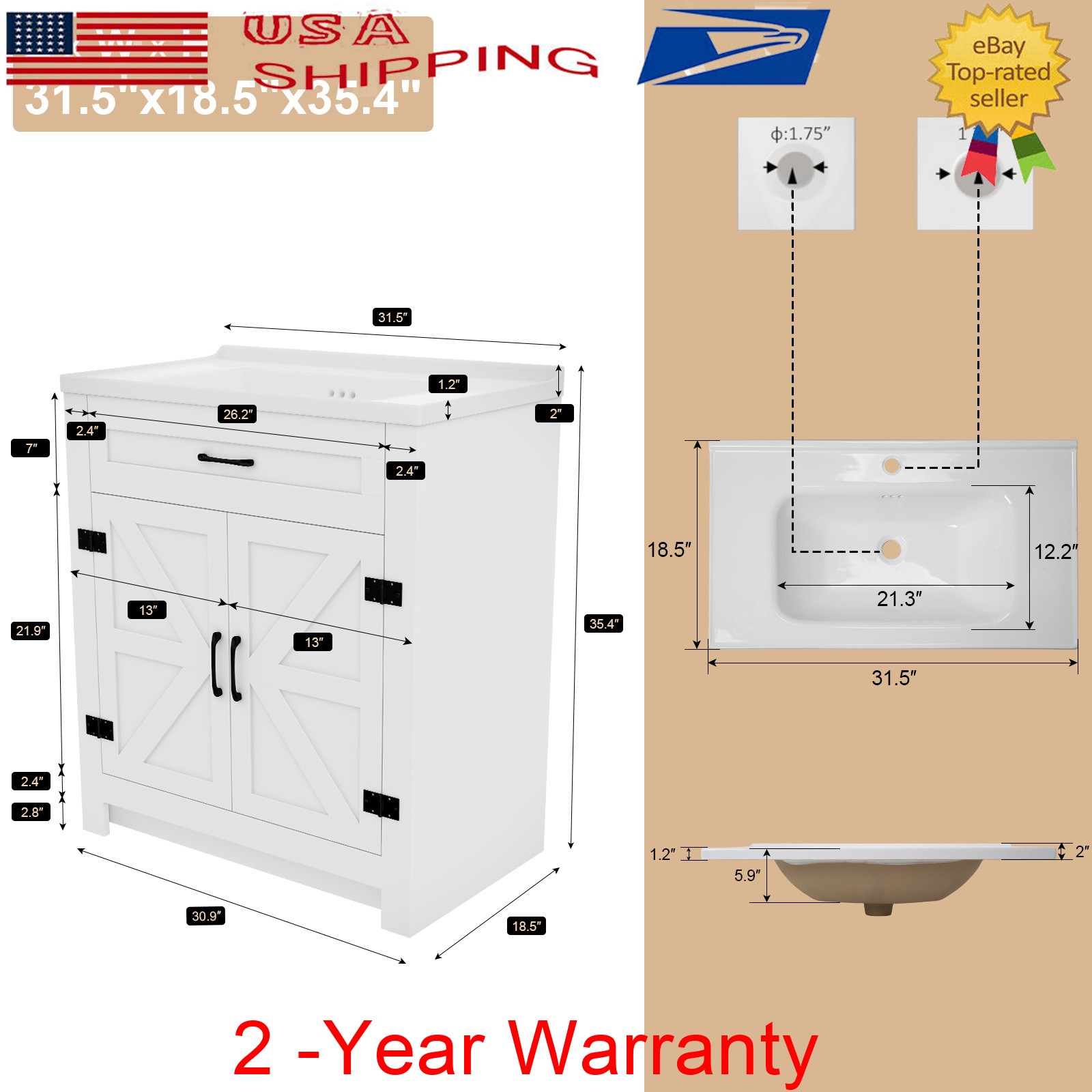 31” Bathroom Vanity Combo with Drop in Ceramic Sink Storage Cabinet Set White
