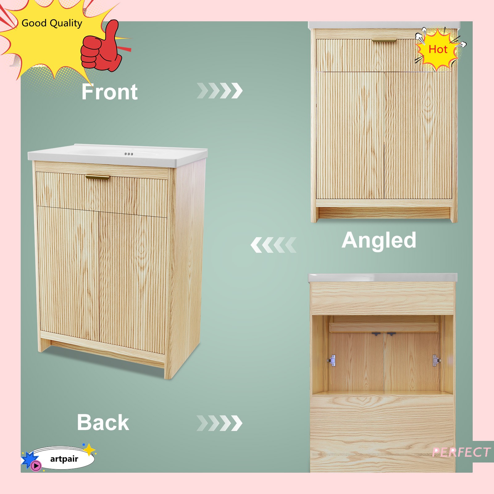 23.6″ Bathroom Wood Vanity &Ceramic Sink,Freestanding Storage Cabinet Vanity NEW