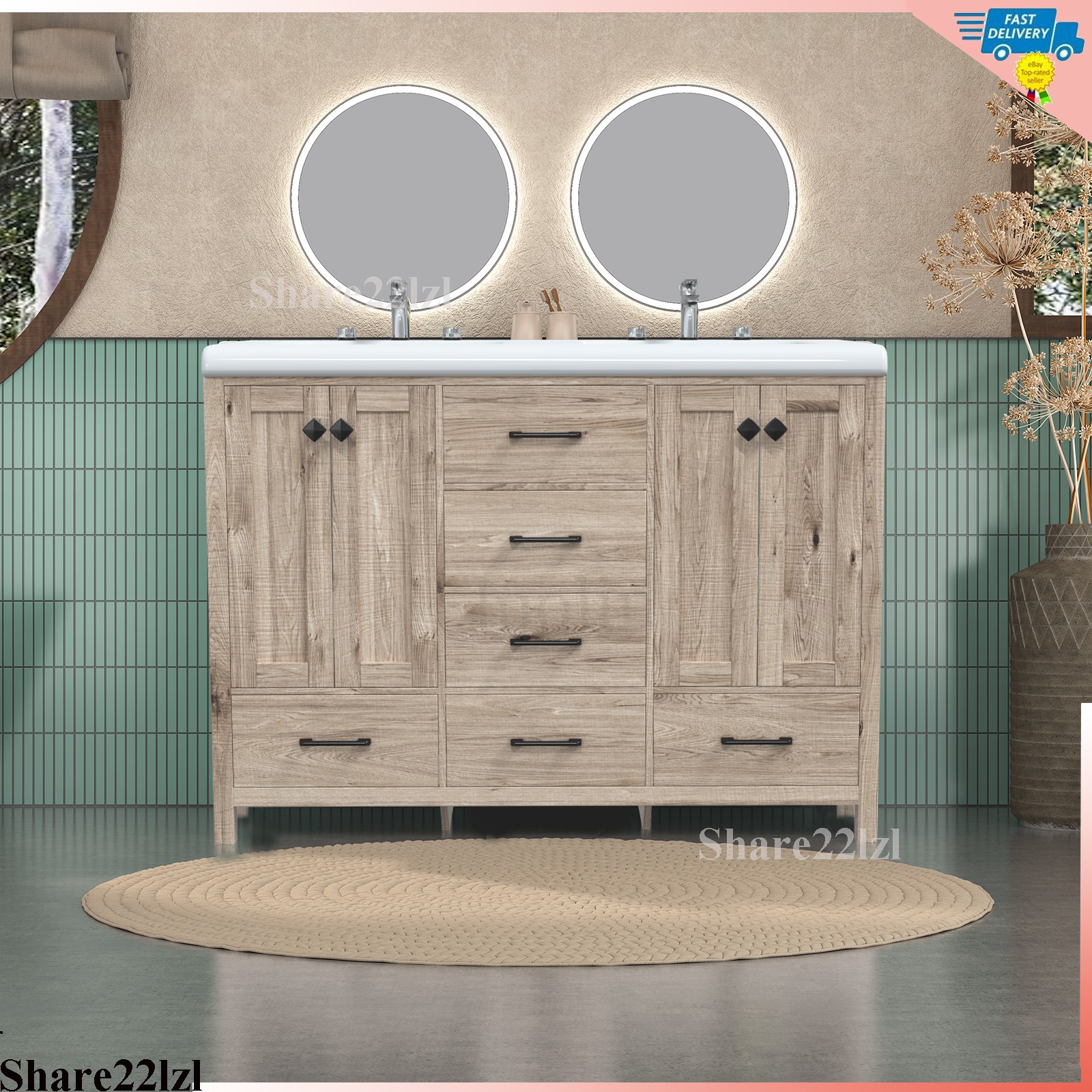47″ Bathroom Vanity Set Double Sink Ceramic Freestanding Wood Cabinet w/ Drawers