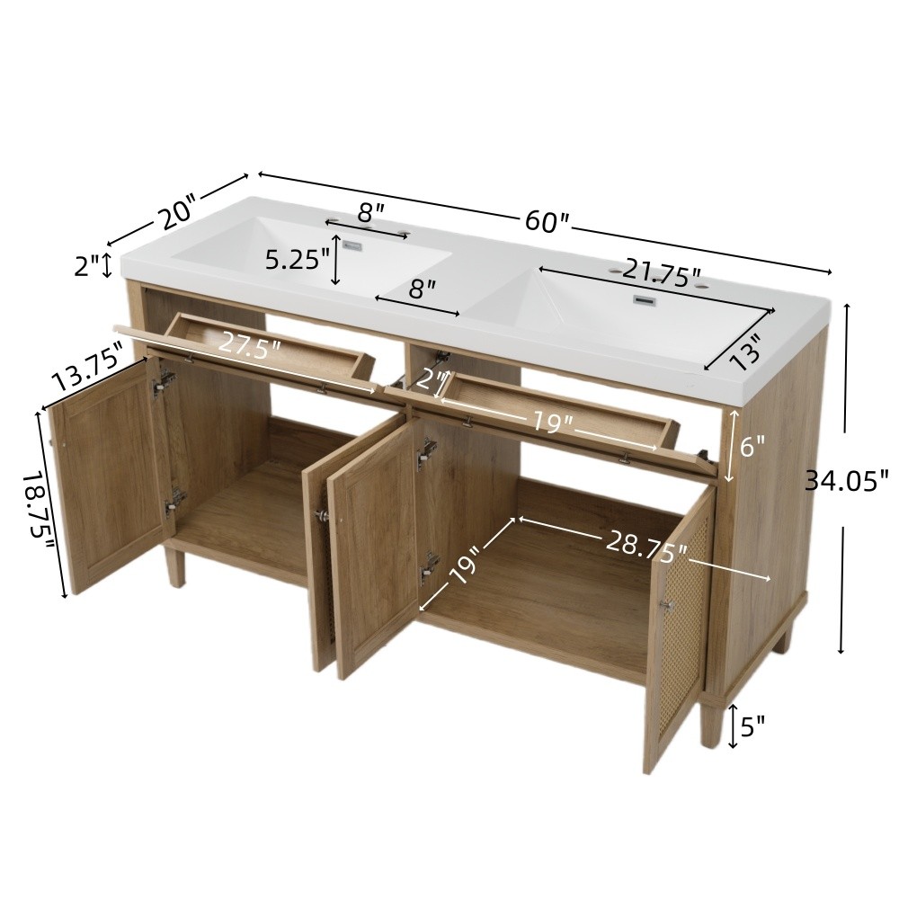 60 Inch Bathroom Vanity with Double Sink ( SMC Sink ), Large Storage Space
