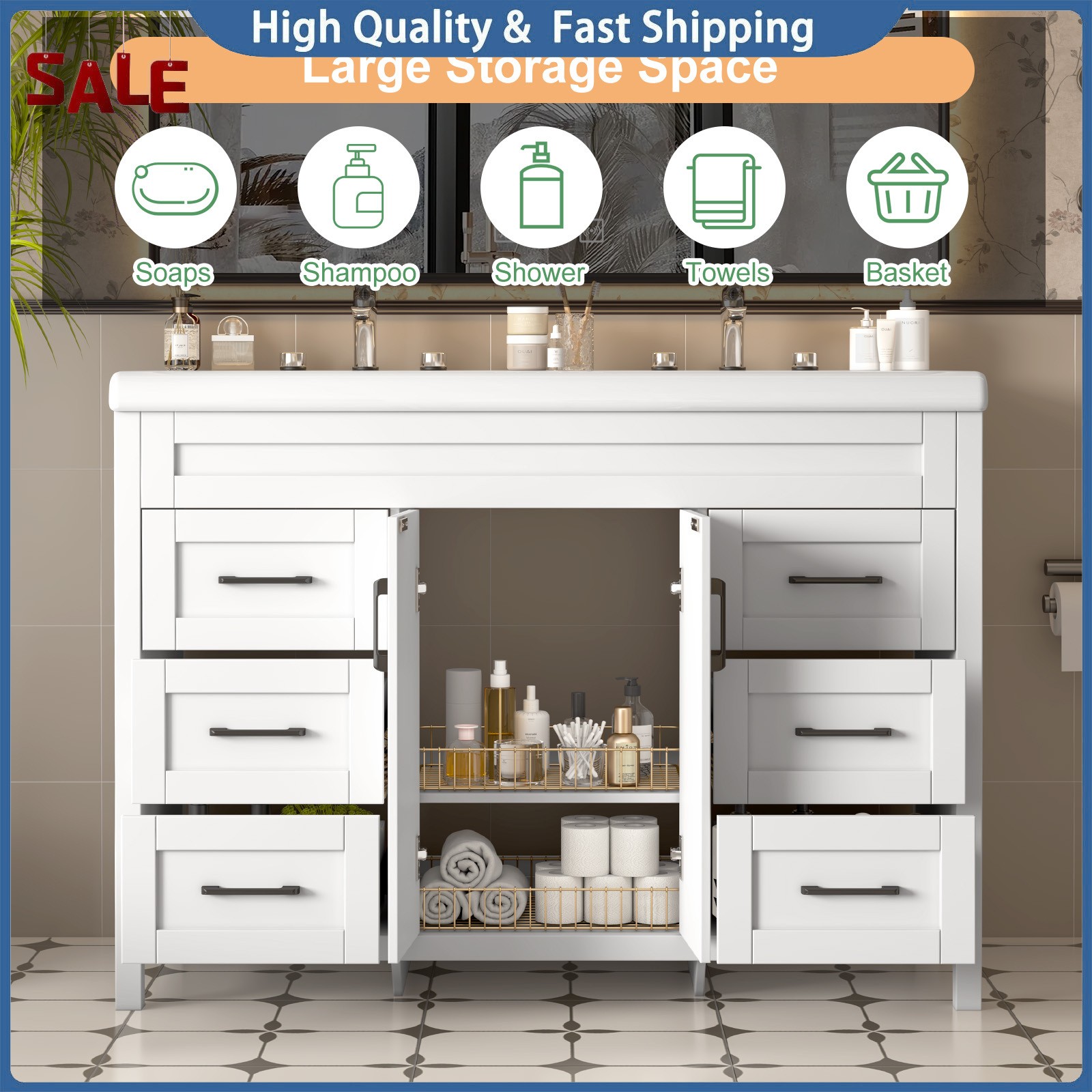 Double Ceramic Sinks Freestanding Drawer Cabinet Modern 47 Inch Bathroom Vanity