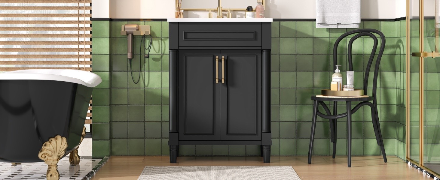 24″ Bathroom Vanity w/ Sink & 2 Doors, Black, 34.95″ H Solid Wood+MDF