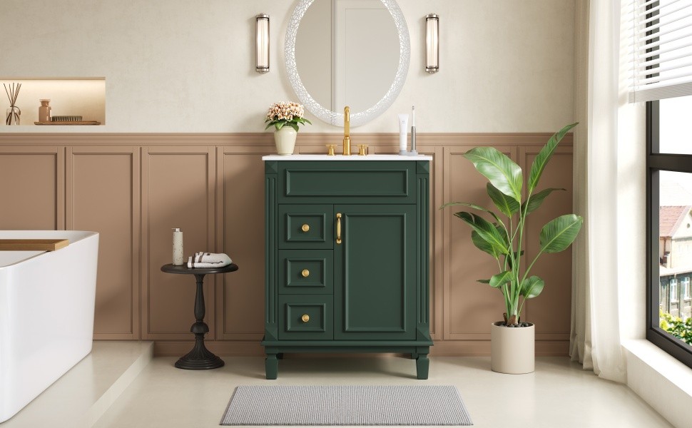 24″ Bathroom Vanity with Ceramic Sink, 2 Drawers, Adjustable Shelf