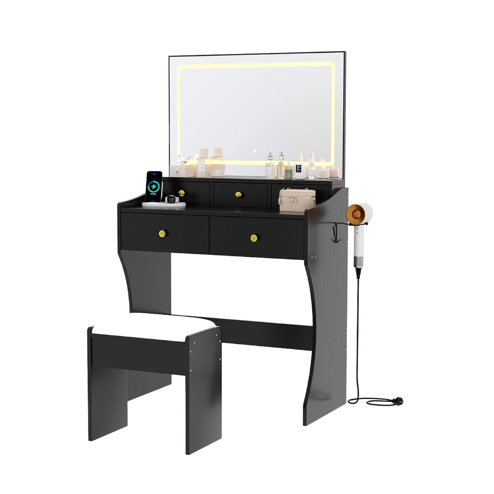31.5-Inch Vanity Set Stool LED Mirror Hairdryer Holder Power Outlet