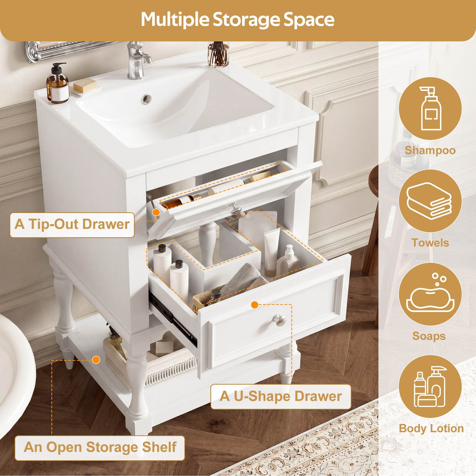 FUNIDEE 20” Bathroom Vanity Set Storage Cabinet with Ceramic Sink Combo Whtie