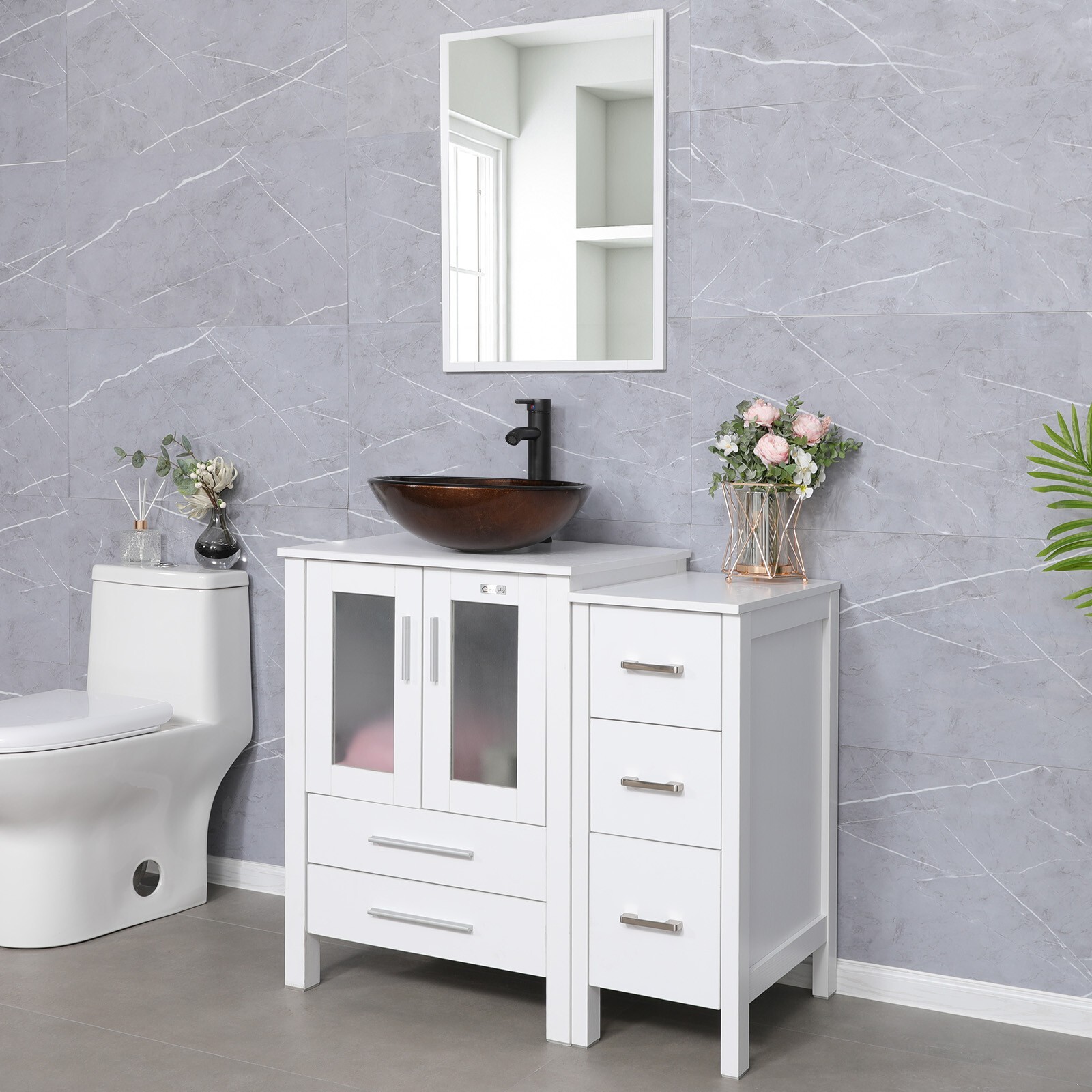 36″ White Bathroom Vanity Set Vessel Glass Sink Cabinet Small Combo No Mirror