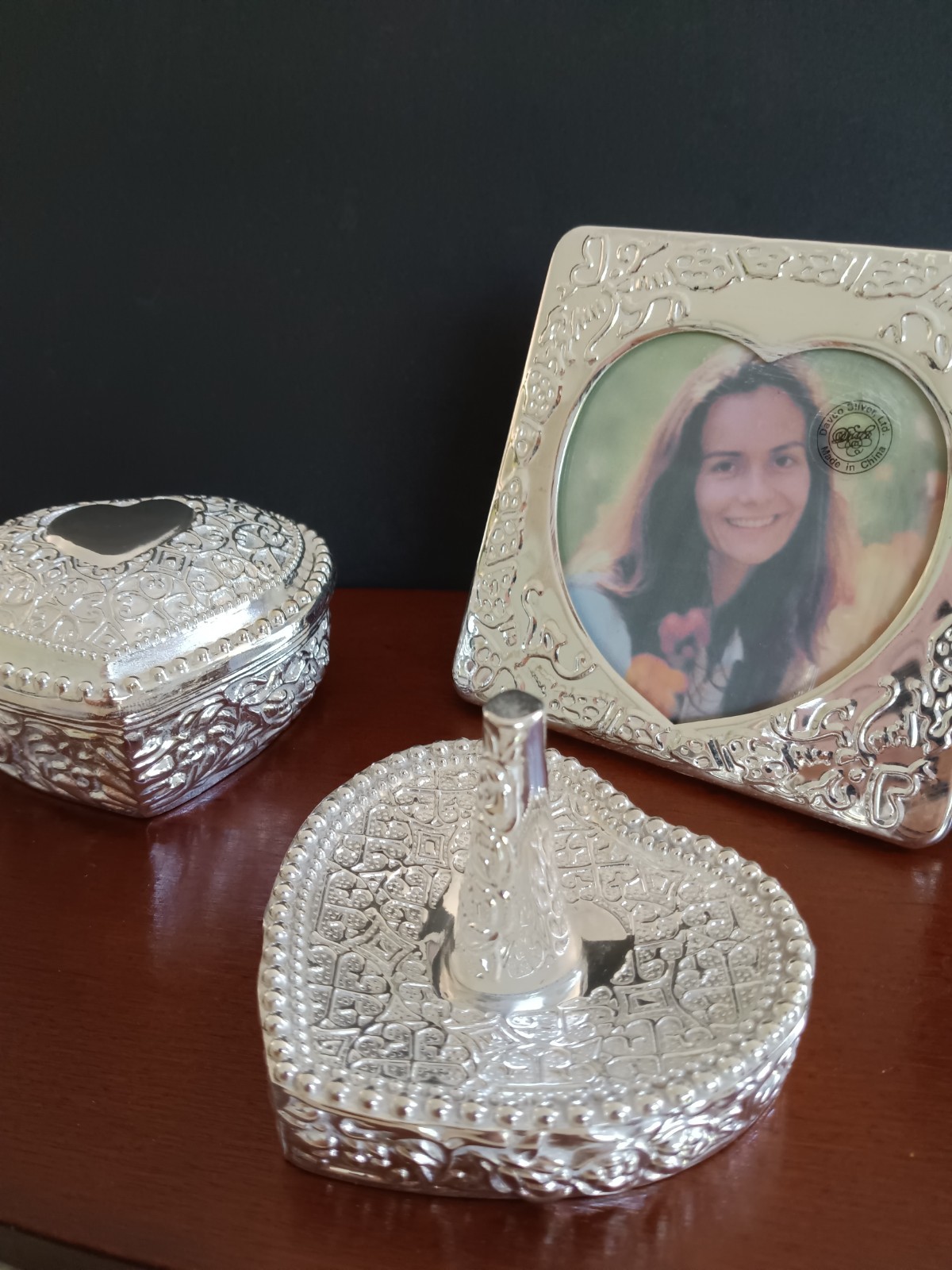 Davco Decorators Choice Silver Vanity Set Jewelry Box Frame Ring Holder Box