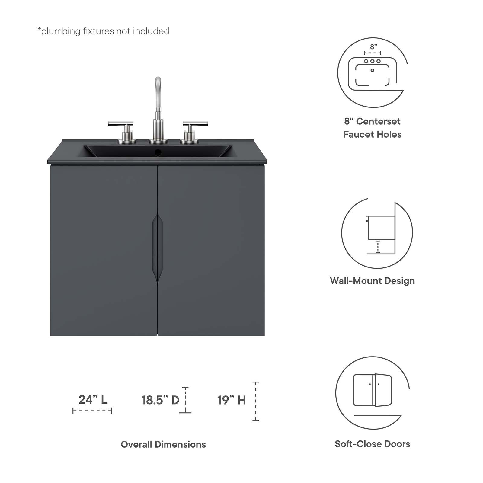 Modway Vitality 24″ Wall-Mount Bathroom Vanity in Gray Black