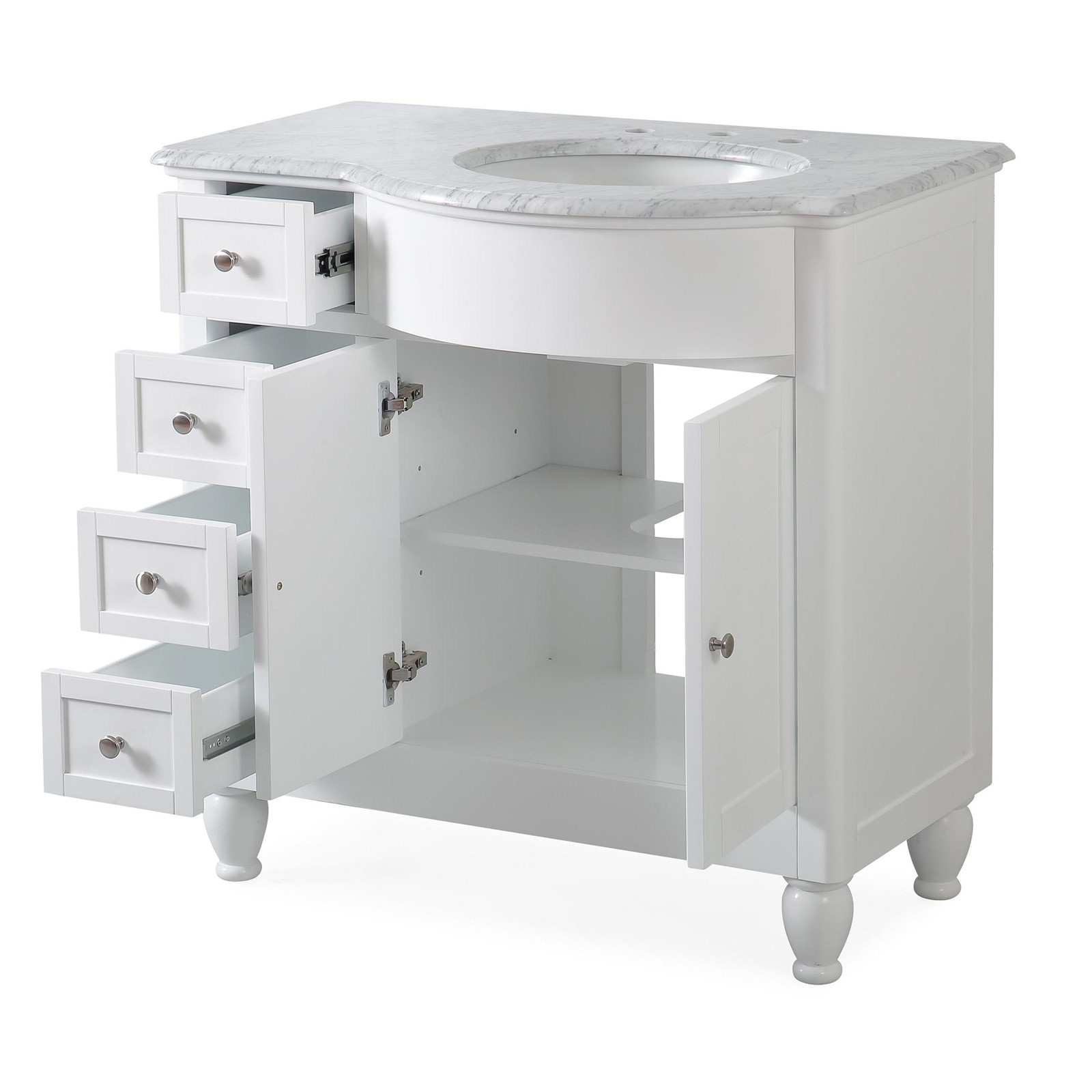 36″ White Bathroom Vanity Single Right Hand Sink Cabinet Marble Top