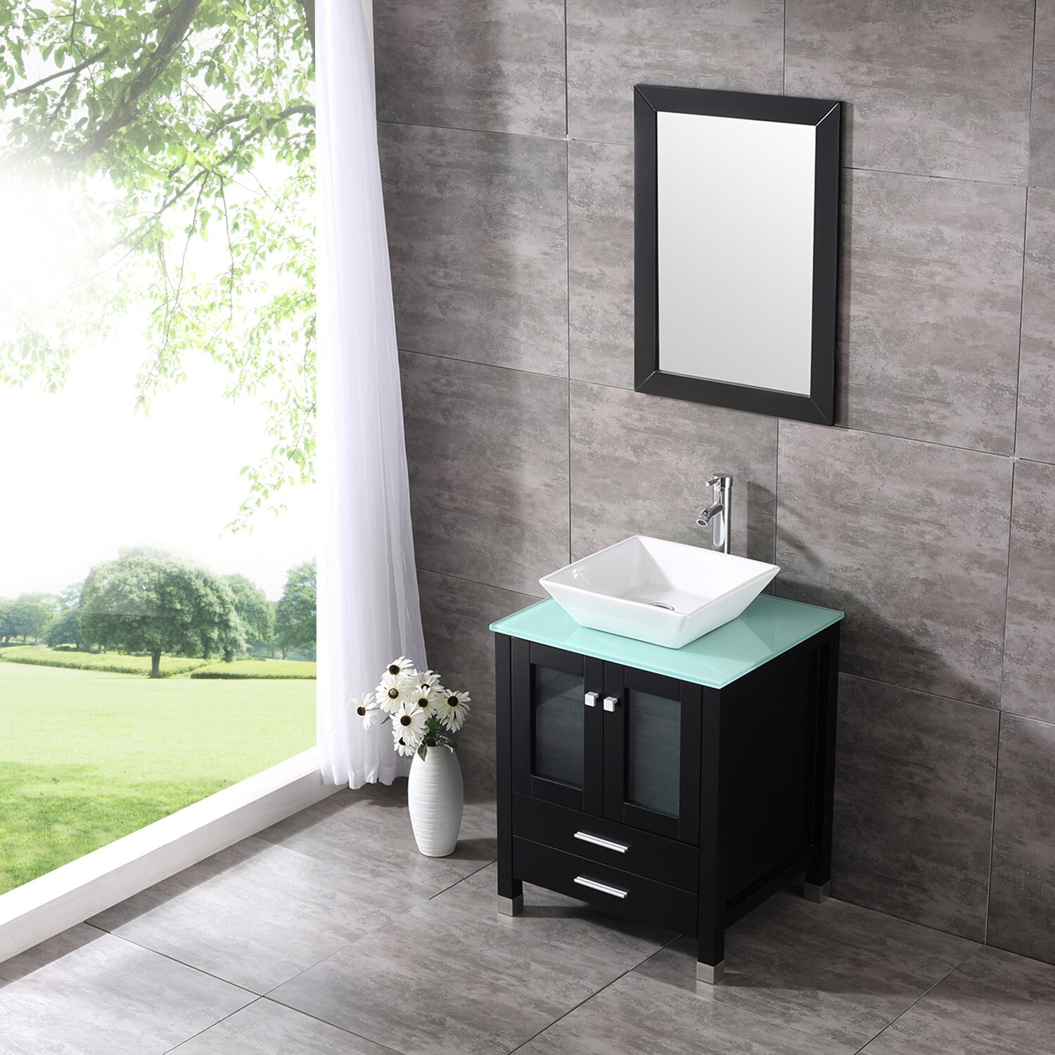 24” Single Black Bathroom Vanity Cabinet Ceramic Vessel Sink w/ Faucet Mirror