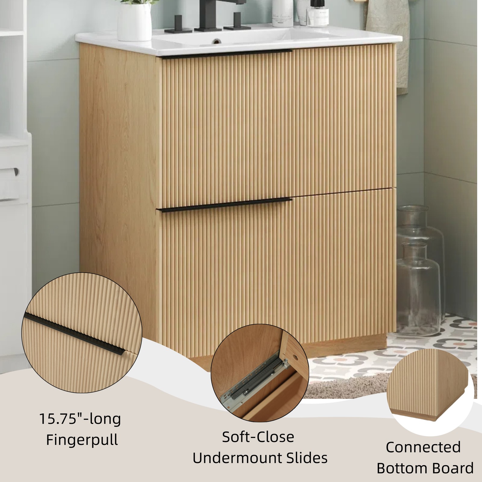 30″ Bathroom Vanity with Ceramic Sink, Soft Close Drawers, Fluted Design