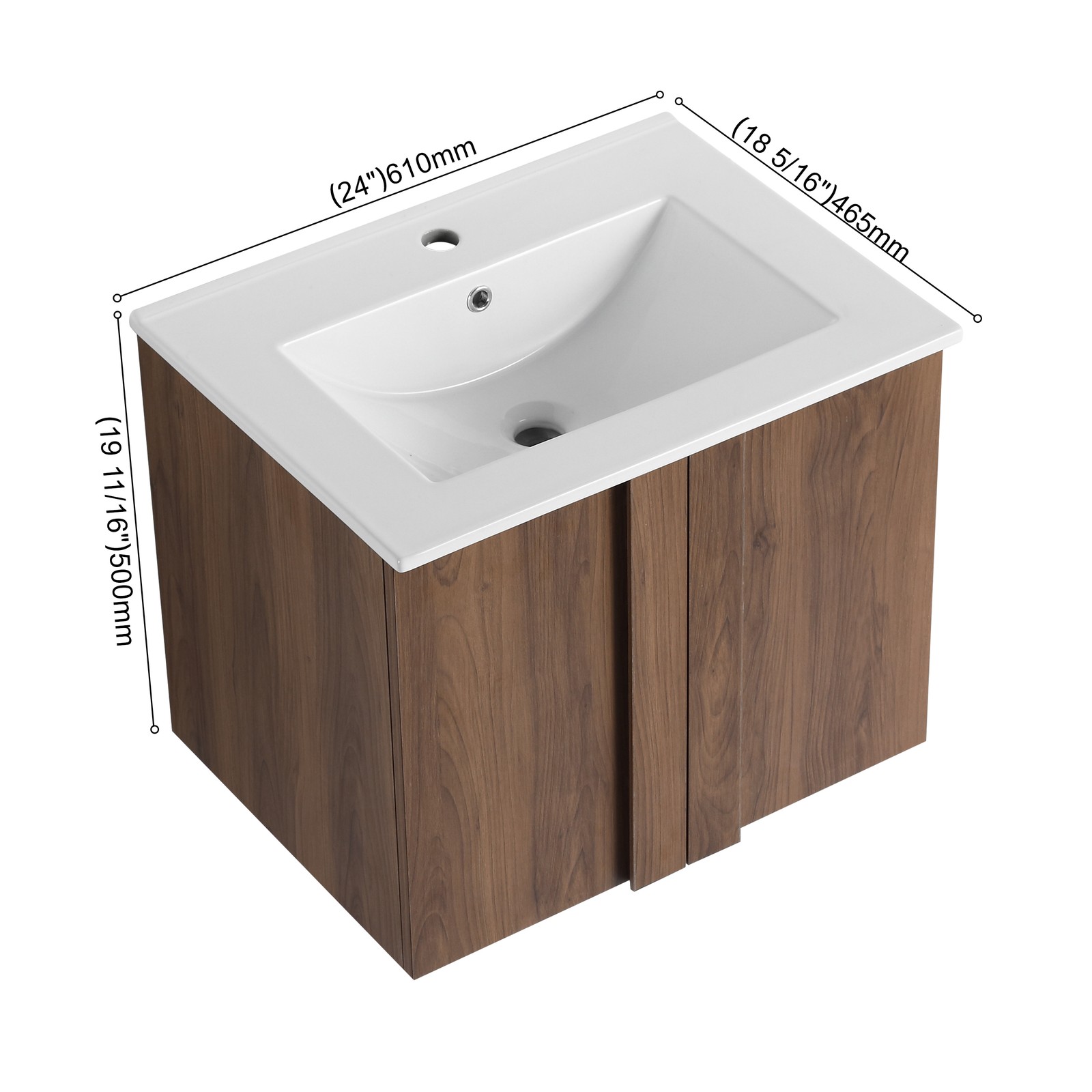 24″ Floating Bathroom Vanity with Sink, Brown Ebony Cabinet, Soft-Close Doors