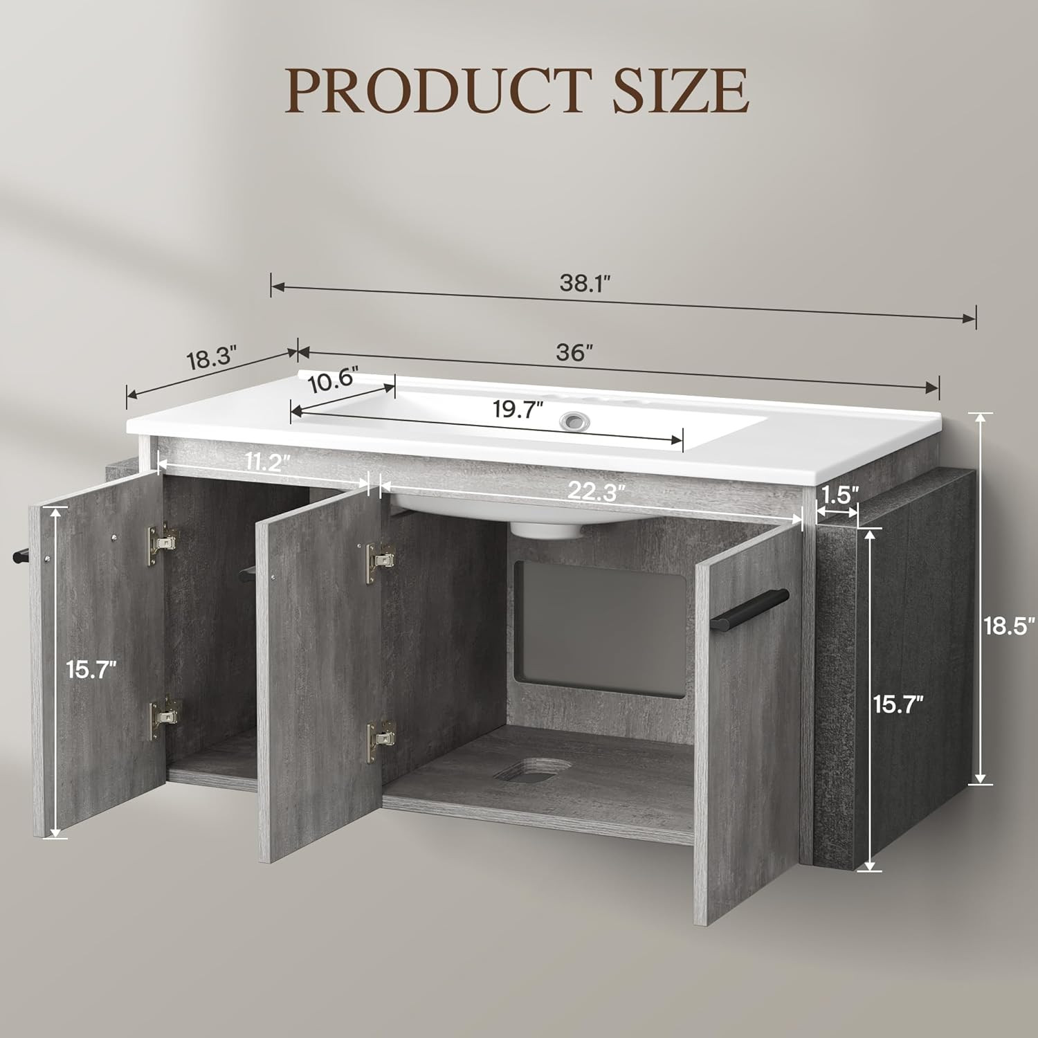 Modern 38″ Floating Bathroom Vanity with Sink & 3 Extra Large Doors
