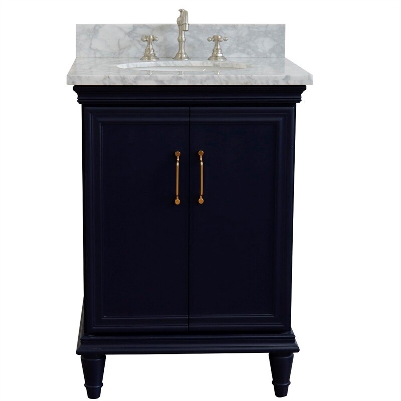 25 in. Single Wooden Vanity Blue with White Carrara Oval Sink