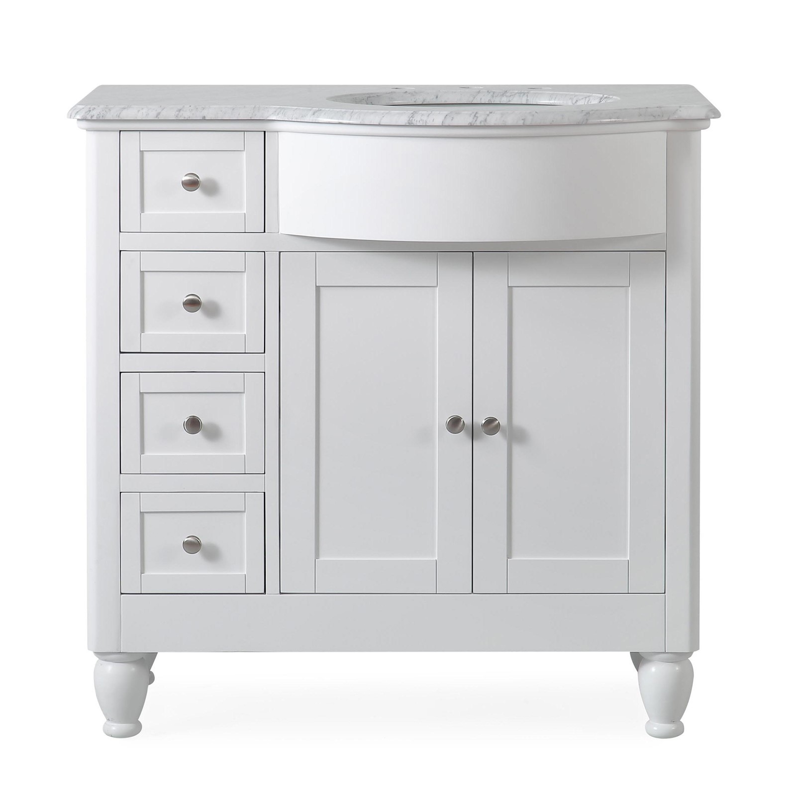 36″ White Bathroom Vanity Single Right Hand Sink Cabinet Marble Top