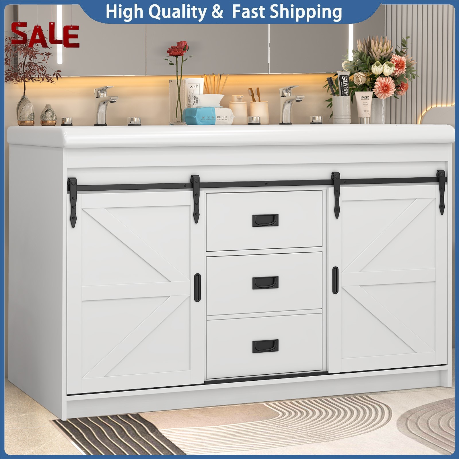 47” Bathroom Vanity with Double Sink Freestanding Bathroom Vanity w/ 2 Drawers