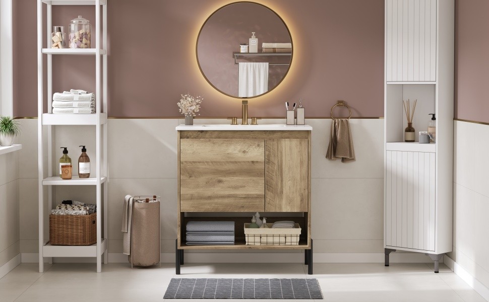 30″ Modern Wood Bathroom Vanity w/Ceramic Sink Bathroom Storage Cabinet，Drawer