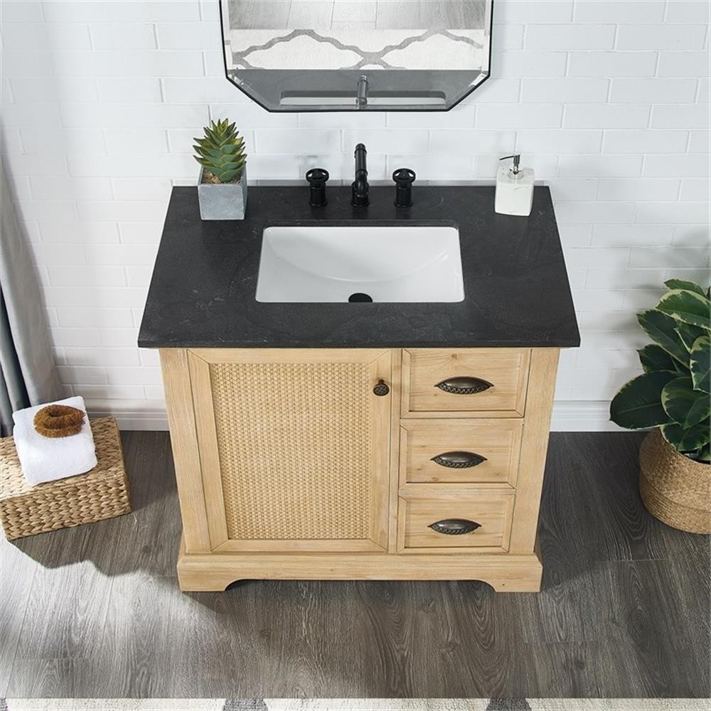 Hervas 36″ Fir Wood Brown Single Bath Vanity with Black Natural Celestite Marble