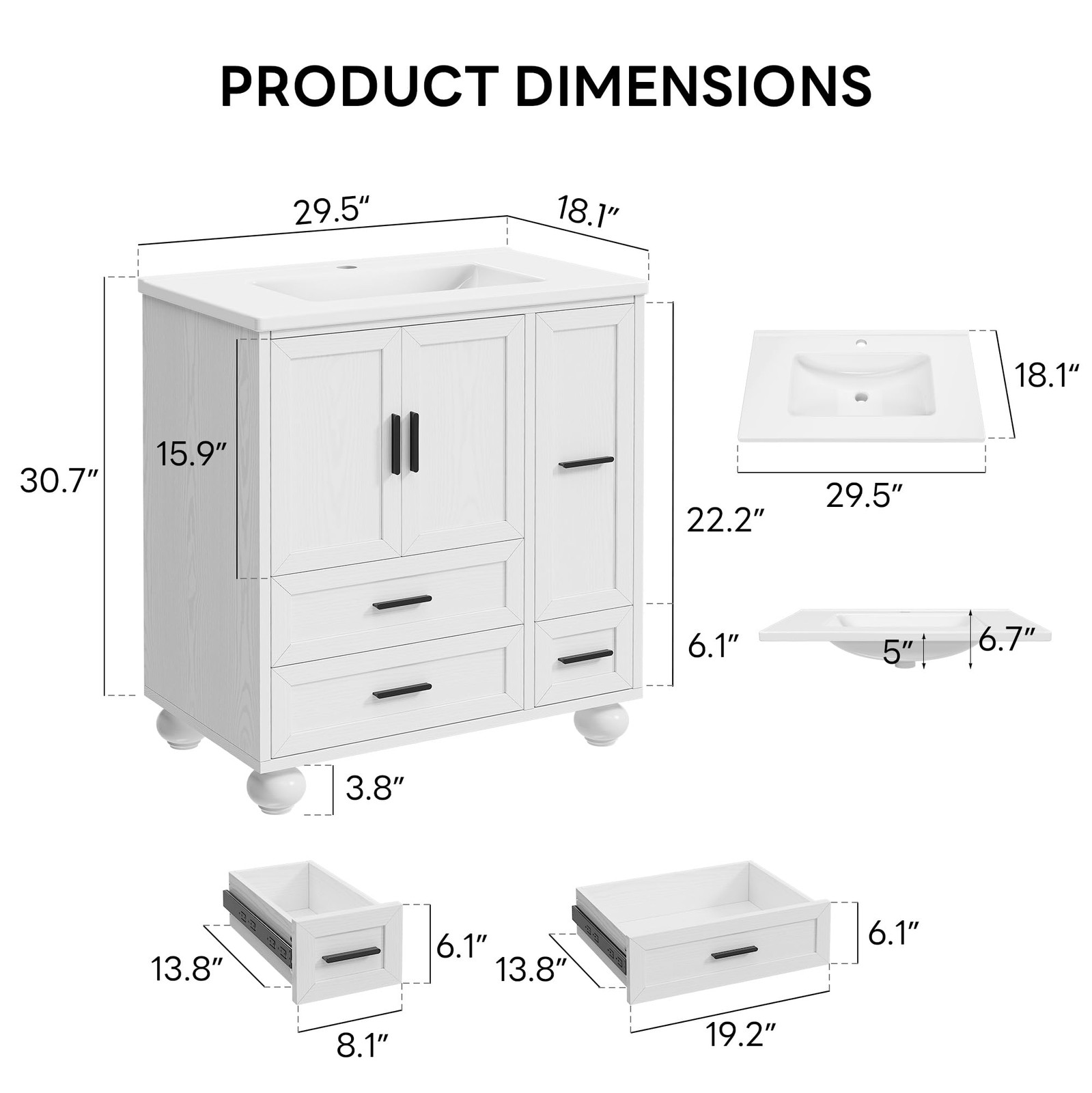 29.5″ Bathroom Vanity with Sink, Hair Tool Drawer, 4 Solid Legs, 4 Drawers 2 …