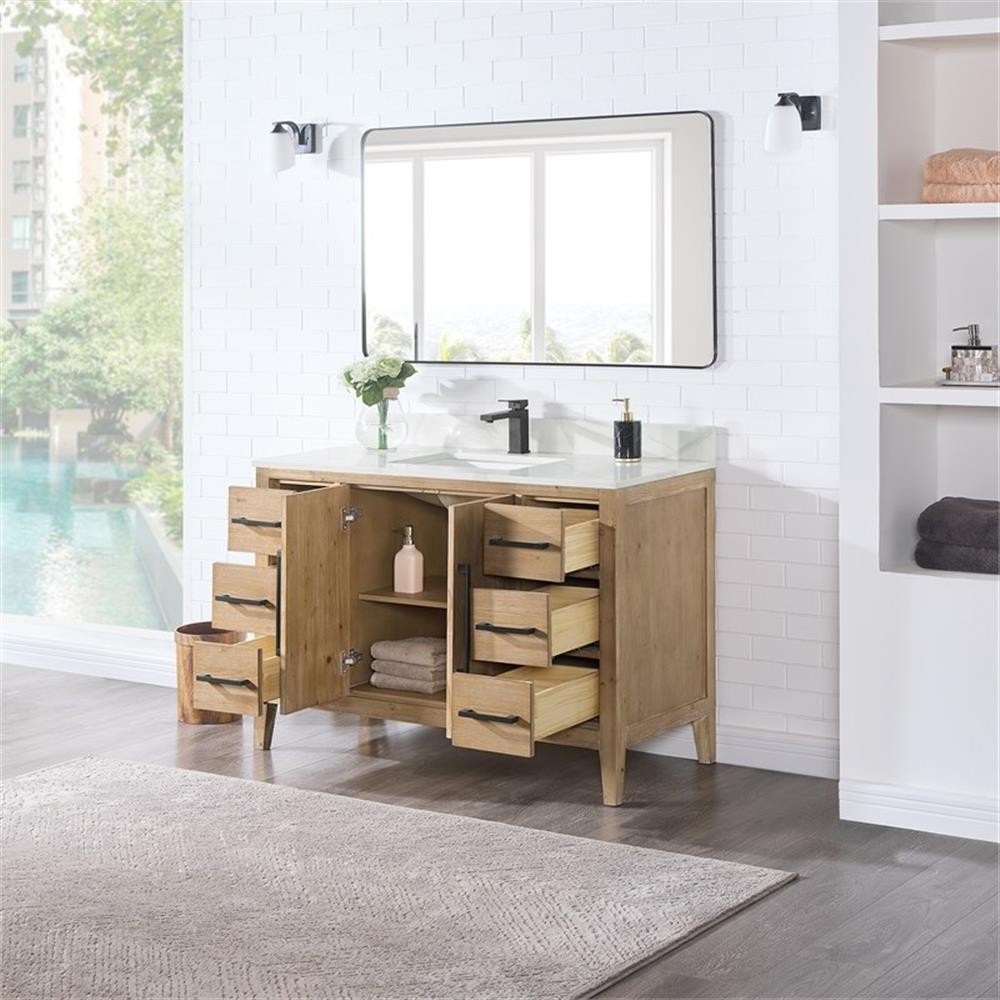 Laurel 48″ Wood Vanity in Weathered Fir Calacatta White Quartz Top with Mirror