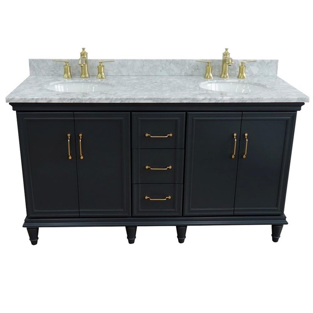 61 in. Double Wooden Vanity Dark Gray White Carrara Marble Oval Sink