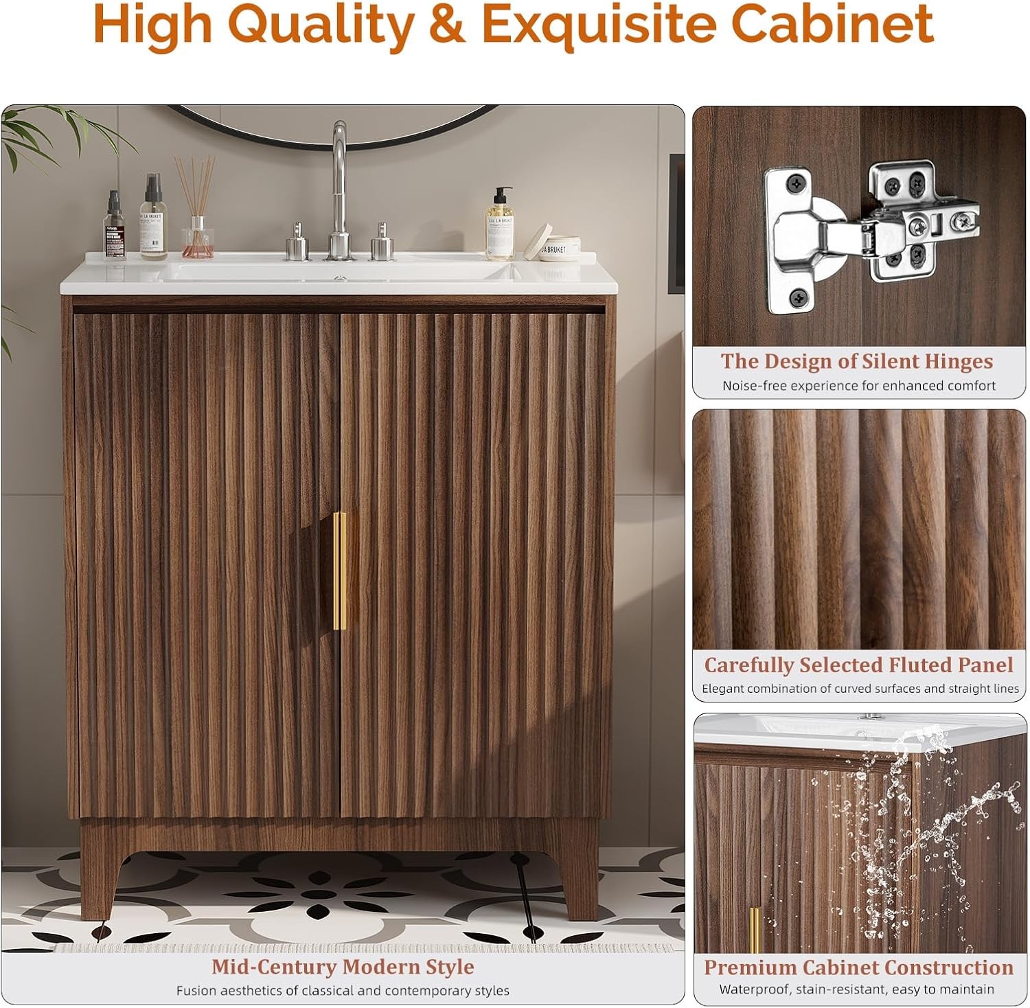 30 Inch Bathroom Vanity with Sink Mid-Century Modern Vanity with Ceramic Basin