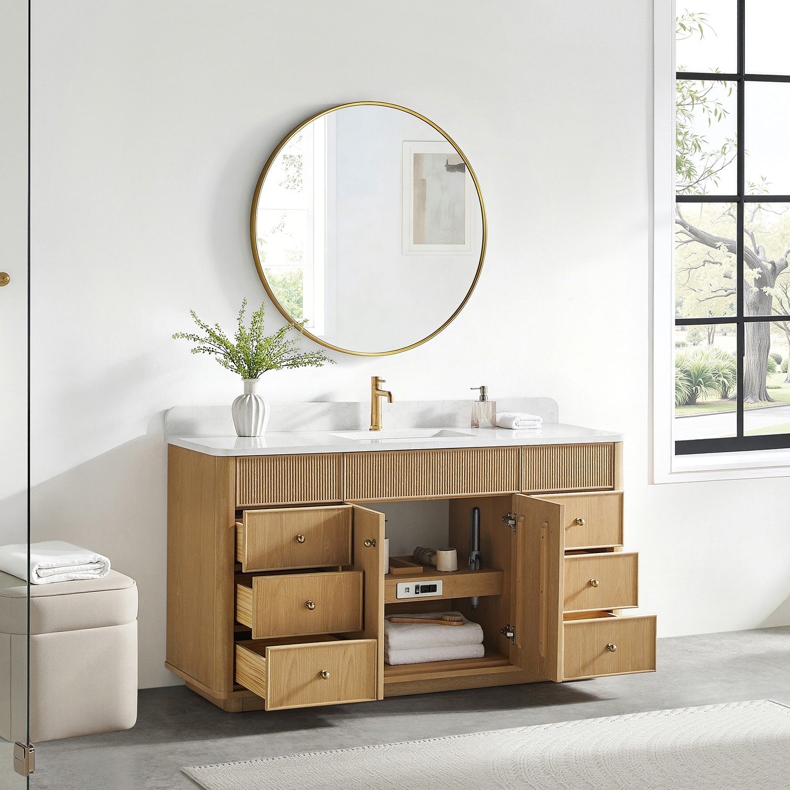 Zogno 60″ Solid Wood Single Bath Vanity in Washed Ash Gray with White Stone Top