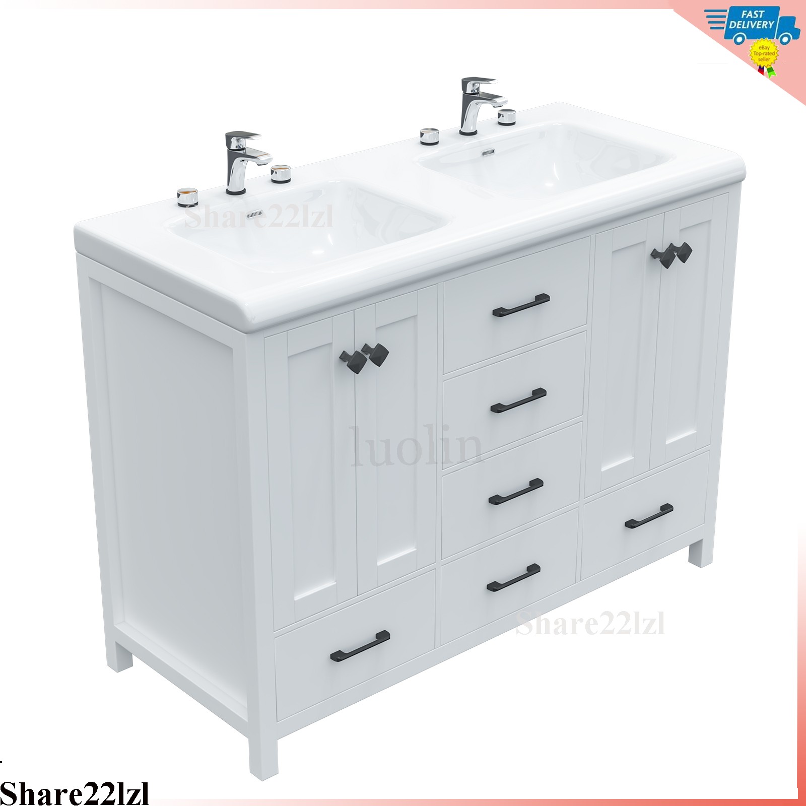 47″ Bathroom Vanity With Double Sink Ceramic Storage Cabinet without Faucet New