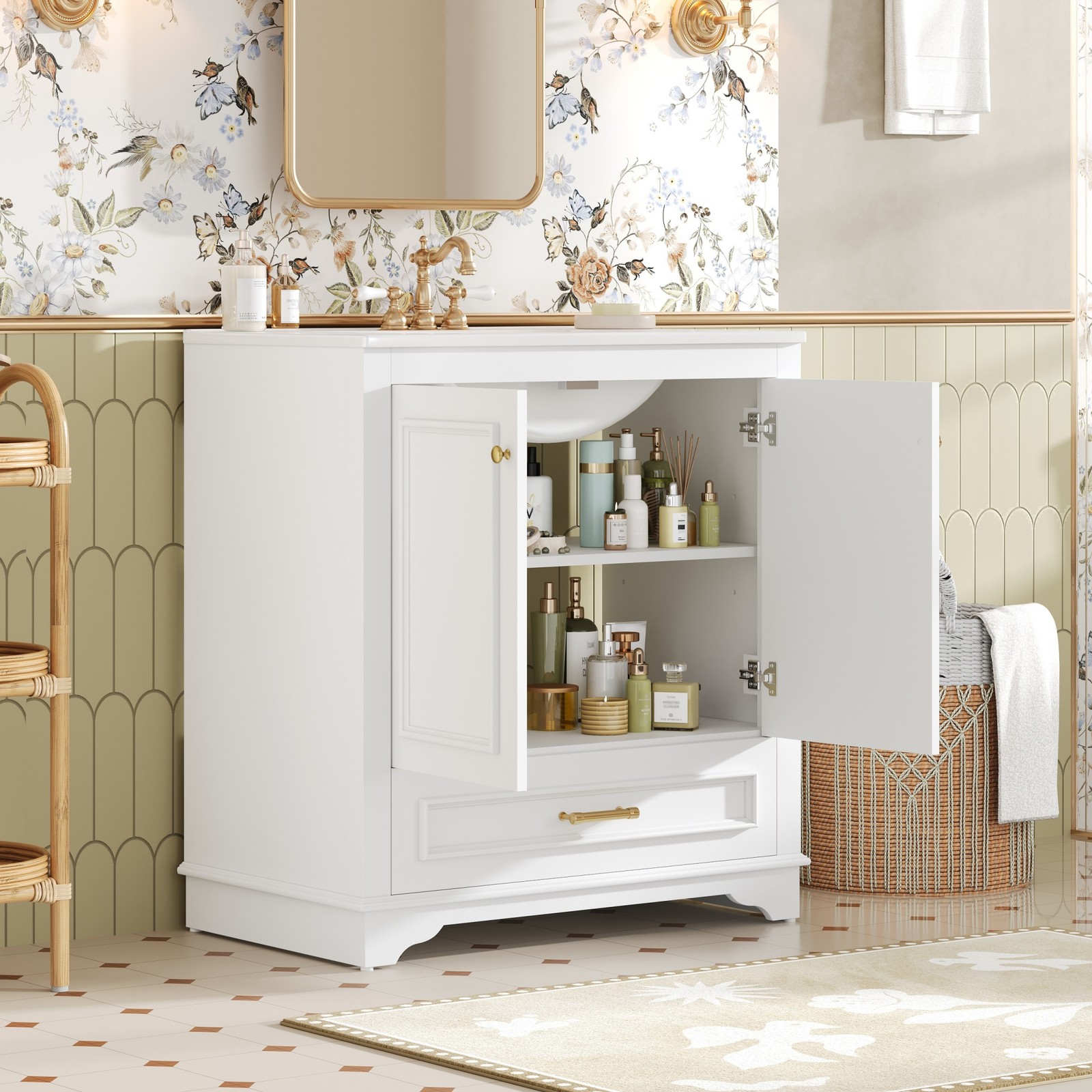 30″ Luxurious Bathroom Vanity w/Ceramic Sink, Solid Wood Frame Storage Cabinet