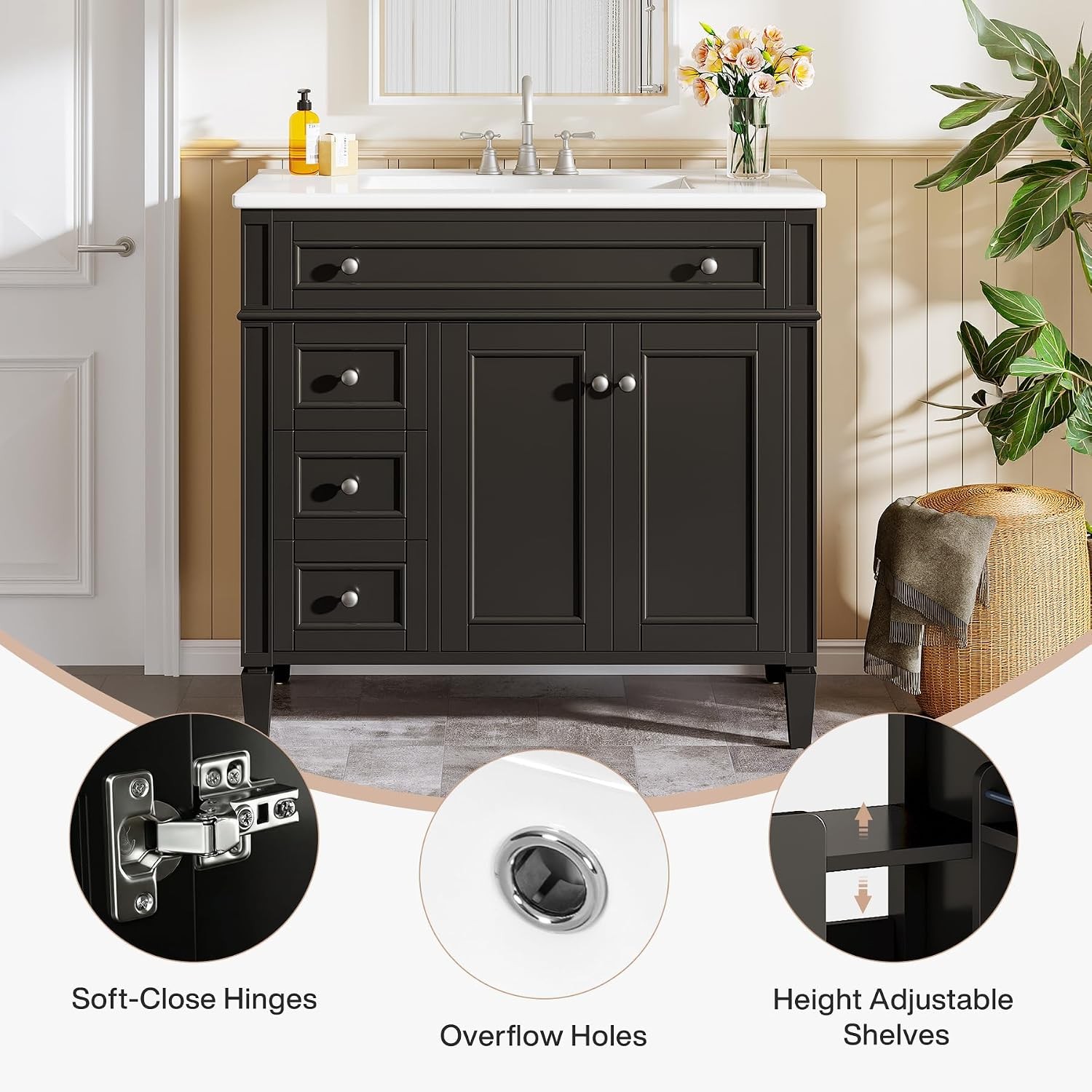 Tribesigns 36″ Bathroom Vanity with Sink,Bathroom Sink Cabinet 4 Drawers& 2Doors