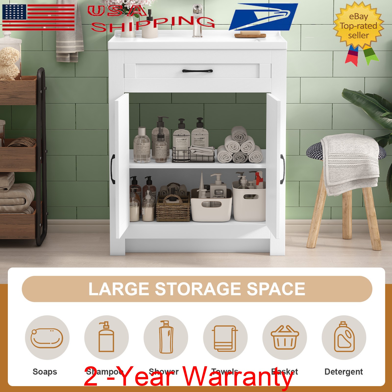 31” Bathroom Vanity Combo with Drop in Ceramic Sink Storage Cabinet Set White
