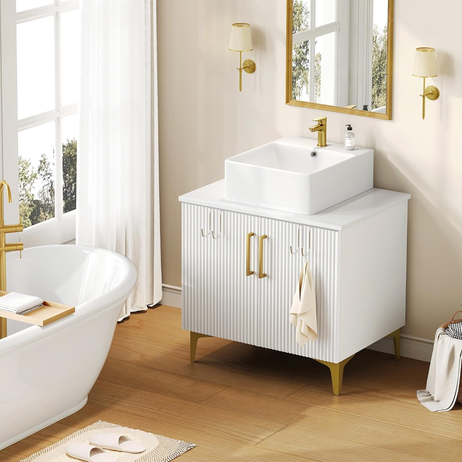 30″ Modern Bathroom Vanity with Ceramic Sink & Gold Handles, Soft Close Doors