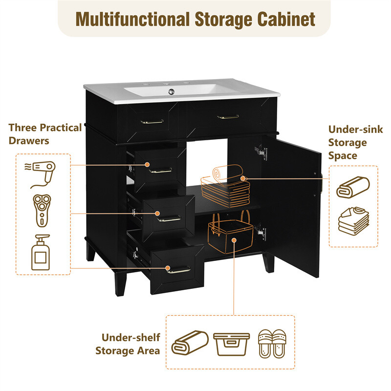 30″ Black Bathroom Vanity with Ceramic Sink,Adjustable Shelf & 3 Storage Drawer